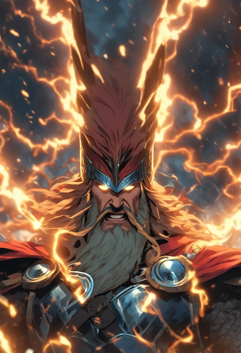 (((God of thunder and justice))) best quality, ultra-high resolution, 4K detailed CG, master piece,Perun, man,long hair and beard,Axe,Slavic armor,Slavic Mythology,((axe in hand )),Slavic painting style, aesthetic