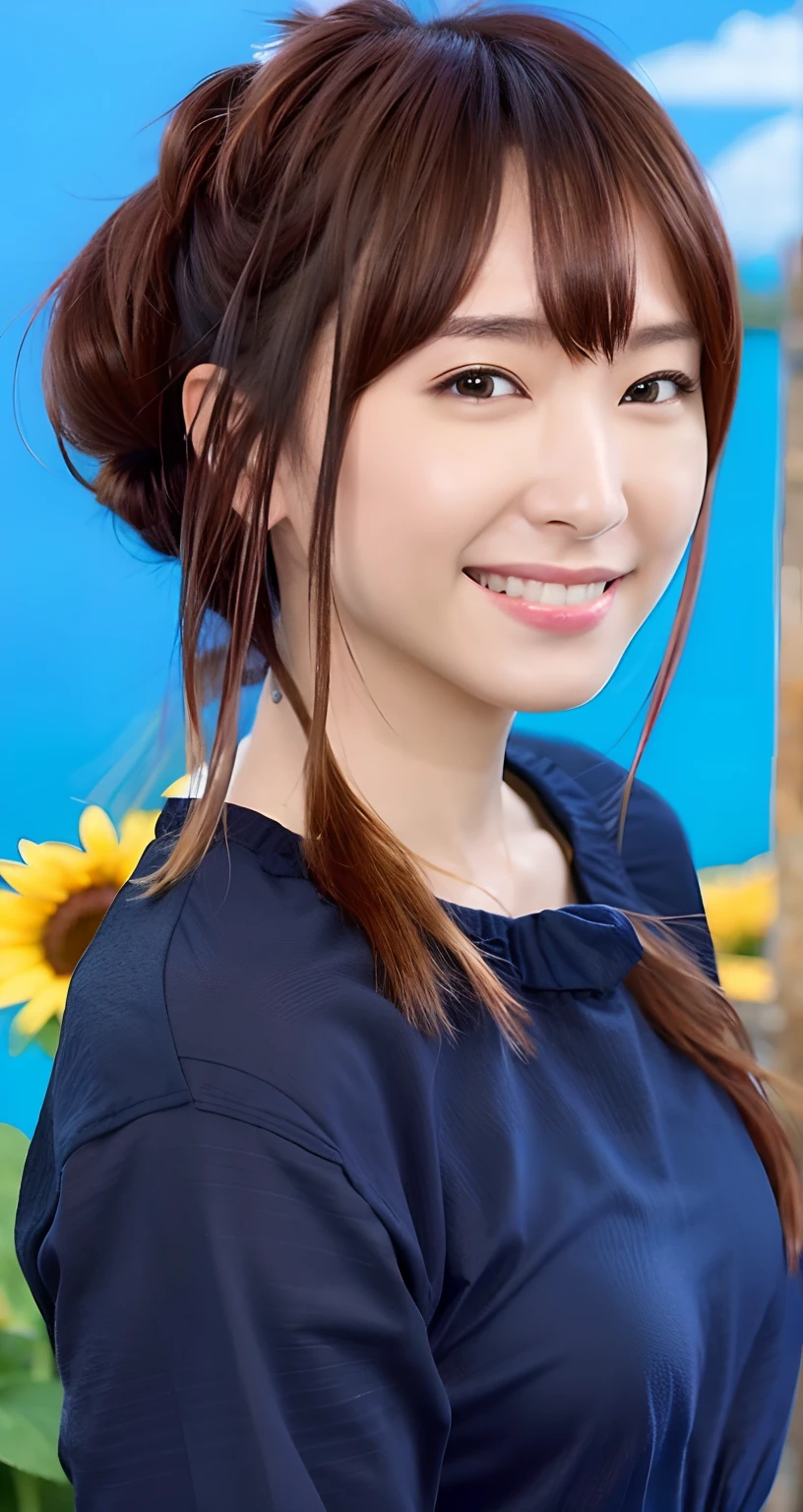 top-quality、masterpiece、超A high resolution、(Photorealsitic:1.4)、Raw photo、1人、Bright light source、in poolside、Sunflowers、fully body photo、Cross Bikini、Japan beauty、Beautiful skins、A dark-haired:1.7、Gacky、((poneyTail:1.5))、20yr old、happily laughing: 1.2、maikurobikini