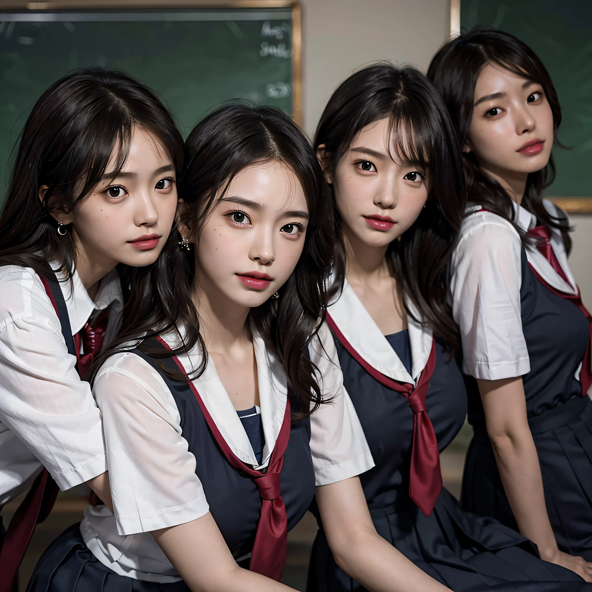 RAW photo, extremely delicate and beautiful, masterpiece, Best Quality, ultra high resolution, 16k, hyperrealistic, ultra-detailed, Very detailed CG 8k wallpaper, Beautiful Lighting, Perfect Lightning, Realistic Shadows, perfect anatomy, super Detailed skin, perfect figure, Japanese woman, in her 20s, very Slim body, narrow waist, very small head, handsome detailed woman, very detailed eyes and face, realistic face proportions, Stunning detailed eyes, Realistic beautiful face, very small face, Realistic small beautiful eyes, double eyelids, makeup, tearful mole, mole on chest, earring, bare legs, beautiful and very thin legs, beautiful and very thin thighs, (very huge round breasts:1.3), (full body shot:1.3), short hair, wavy hair, sweat, (3 girls:1.5), (school uniform:1.3),
