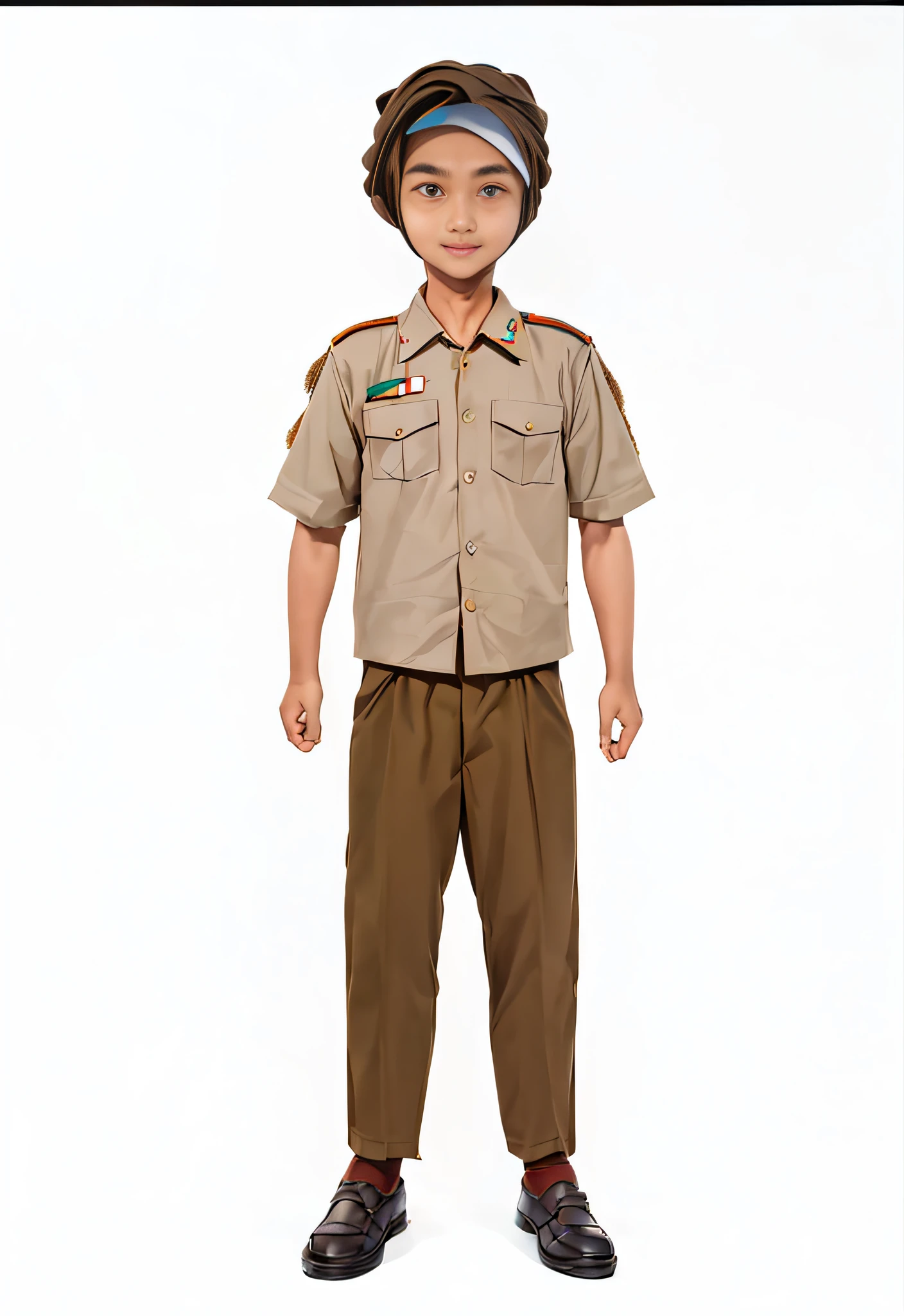 ((white empty background)), a boy, seragam premuka, indonesia pramuka, pramuka, tan skin, curly hair, soft smile, head band, cream color shirt, brown pants, pockets, hasduk, black socks, black shoes,