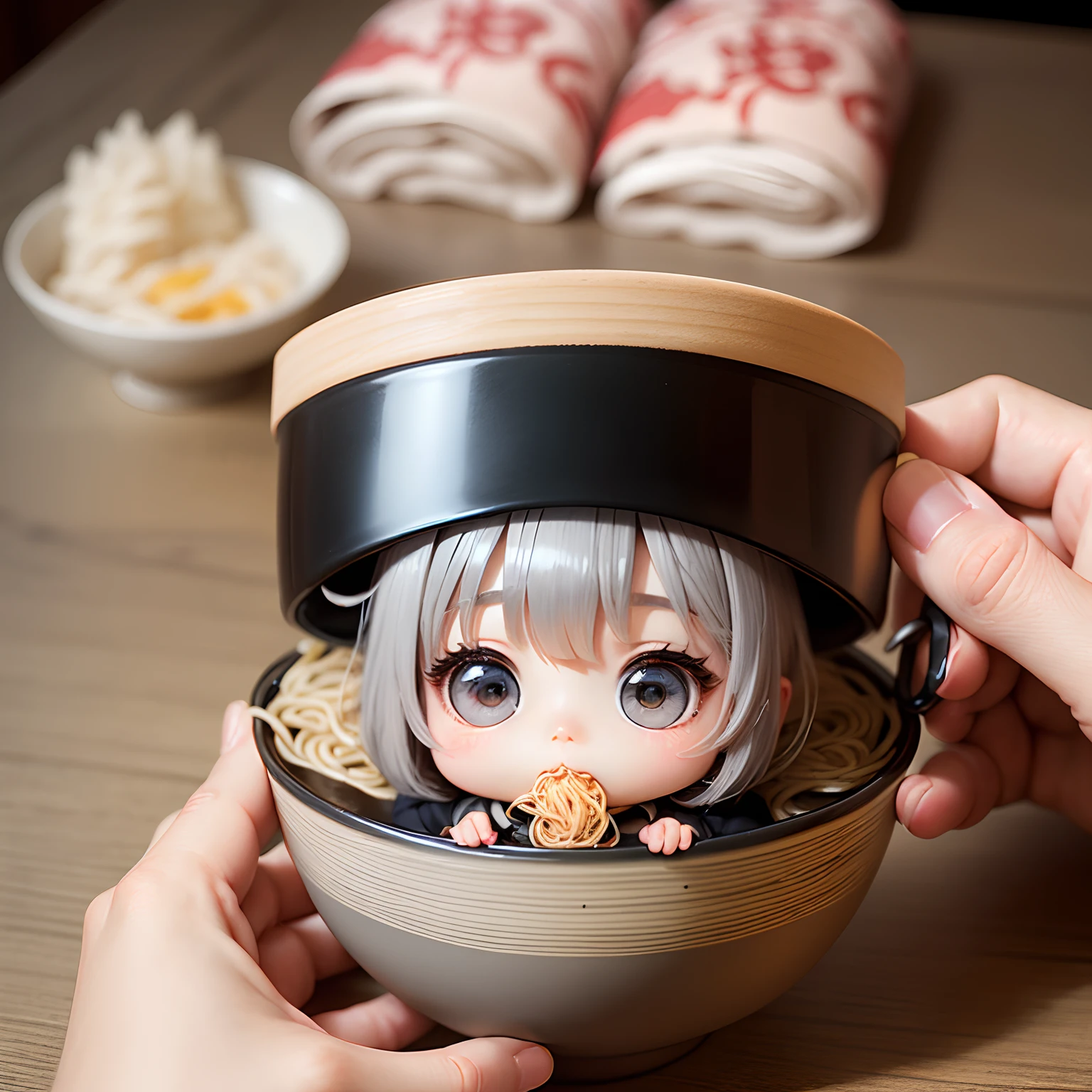 masterpiece、top-quality、ultra-detailliert、(Chibi Chara's Daughter:1.2)、独奏、//((Eating soba noodles(Gray thin noodles:1.2)These come in Japanese-style vessels))、Hold these in your hands、Holding chopsticks in hand、