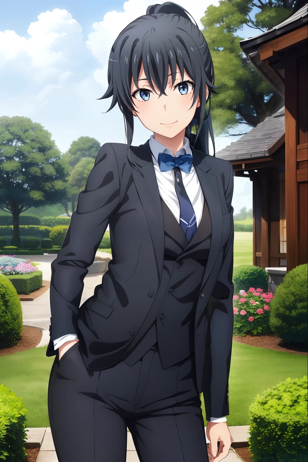 1girl, Yukinoshita Yukino, Beautiful garden for wallpaper , Specially designed back coat, Stands with one hand in her pocket, white pants, collared shirt, Tuxedo , blue necktie, eyes blue, Black haired ponytail, Smileing, wallpaper, Female Butler, Best Quality, Beautiful personality suit, Badass Butler