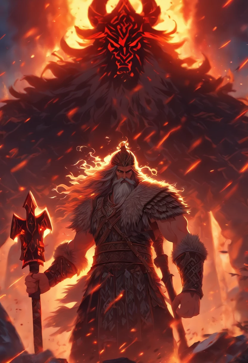 (((Slavic God))) best quality, ultra-high resolution, 4K detailed CG, master piece, Slavic man, long hair and beard, Axe, lightning in the background, Slavic armor, Slavic Mythology, ((ax in hand) ),Slavic painting style, aesthetic