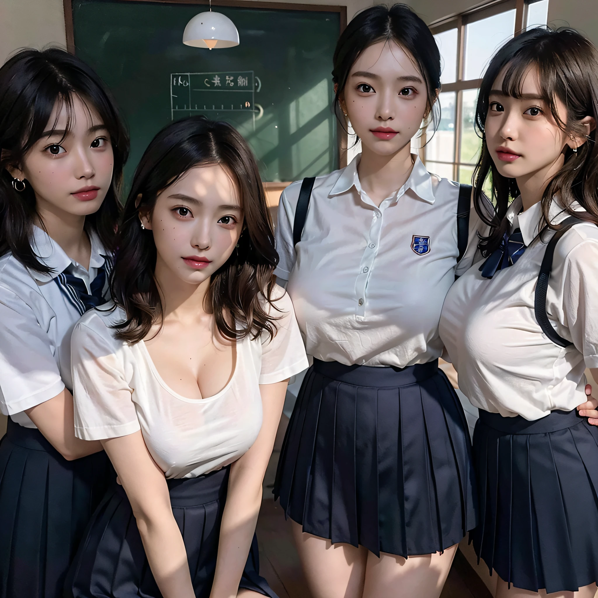Ridiculous resources, RAW photos, Extremely Delicately Beautiful, tmasterpiece, Best quality, 超高分辨率, 16k, hyper realisitc, ultra - detailed, Very detailed CG 8k wallpaper, beautiful light up, Perfect lightning, realistic shaded, perfect anatomia, Ultra-delicate skin, perfect body figure, in my 20s, Very slim figure, Willow waist, Small head, The details of the eyes and face are very rich, Real face proportions, Amazing eye details, realistic beautiful face, Face smaller, Realistic little pretty eyes, 二重まぶた, tear-mole, Mole on the chest, ear nipple ring, The legs are beautiful and thin, Beautiful and thin thighs, (very huge round breasts:1.3), (Short hair details), (curlies), (Summer school uniform:1.3), (Formal shirts:1.3), (tics), (midriff peek:0.1), (Sleeveless:0.1), (Naked arms), (Bareleged), (3 Girls:1.3),