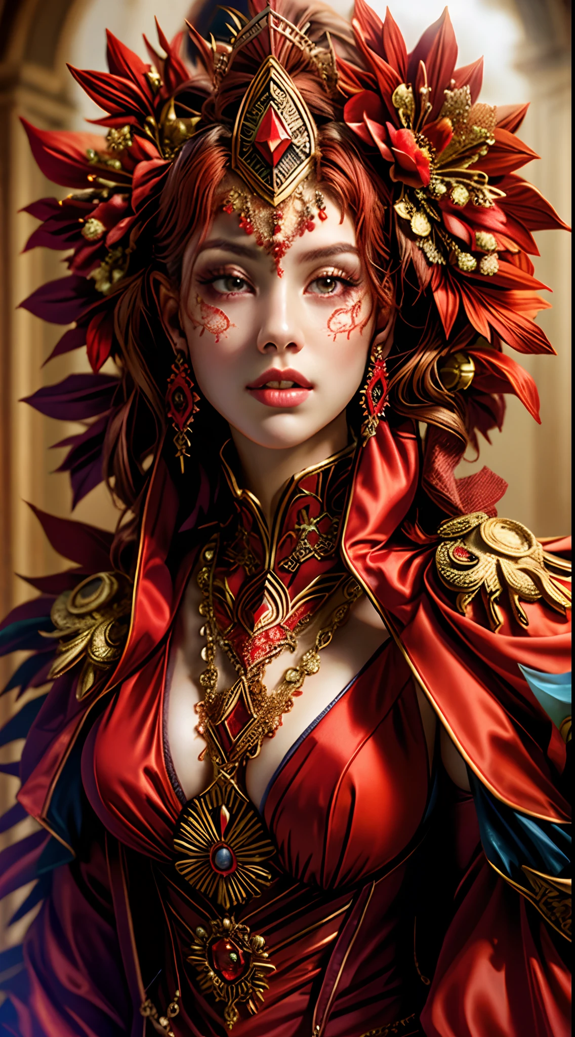 A closeup of a woman in a red costume with a red flower on her head, Cosplay ornamentado, roupas opulentas vermelhas escuras ornamentadas, usando uma roupa ornamentada, inspirado em Hedi Xandt, Senhora na armadura vermelha, figurino intrincado, adornos vermelhos, adornos vermelhos, Rainha ruiva em armadura vermelha pesada, Beautiful elegant demon queen