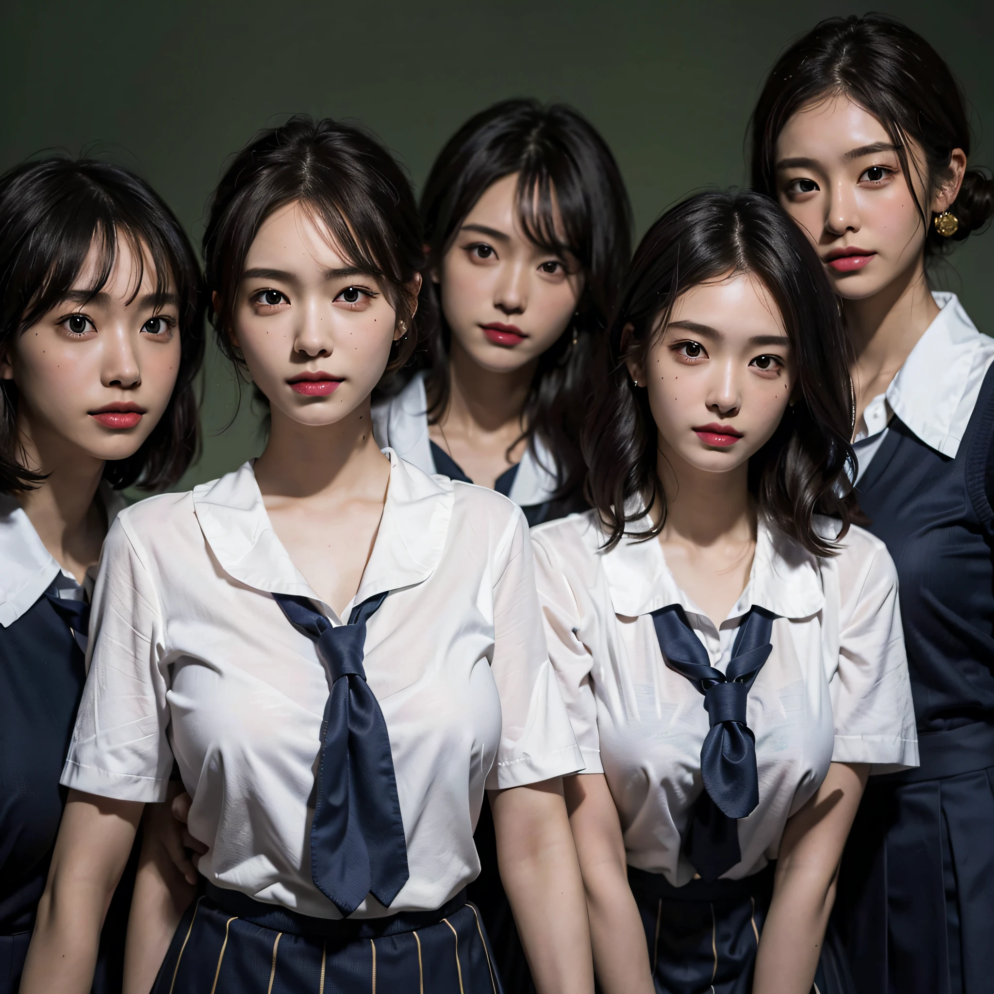 absurdres, RAW photo, extremely delicate and beautiful, masterpiece, Best Quality, ultra high resolution, 16k, hyperrealistic, ultra-detailed, Very detailed CG 8k wallpaper, Beautiful Lighting, Perfect Lightning, Realistic Shadows, perfect anatomy, super Detailed skin, perfect figure, Japanese woman, in her 10s, very Slim body, narrow waist, very small head, handsome detailed woman, very detailed eyes and face, realistic face proportions, Stunning detailed eyes, Realistic beautiful face, very small face, Realistic small beautiful eyes, double eyelids, makeup, tearful mole, mole on chest, earring, bare legs, beautiful and very thin legs, beautiful and very thin thighs, (very huge round breasts:1.5), (full body shot;1.3), short hair, wavy hair, sweat, (3 girls:1.7), (school uniform:1.5),