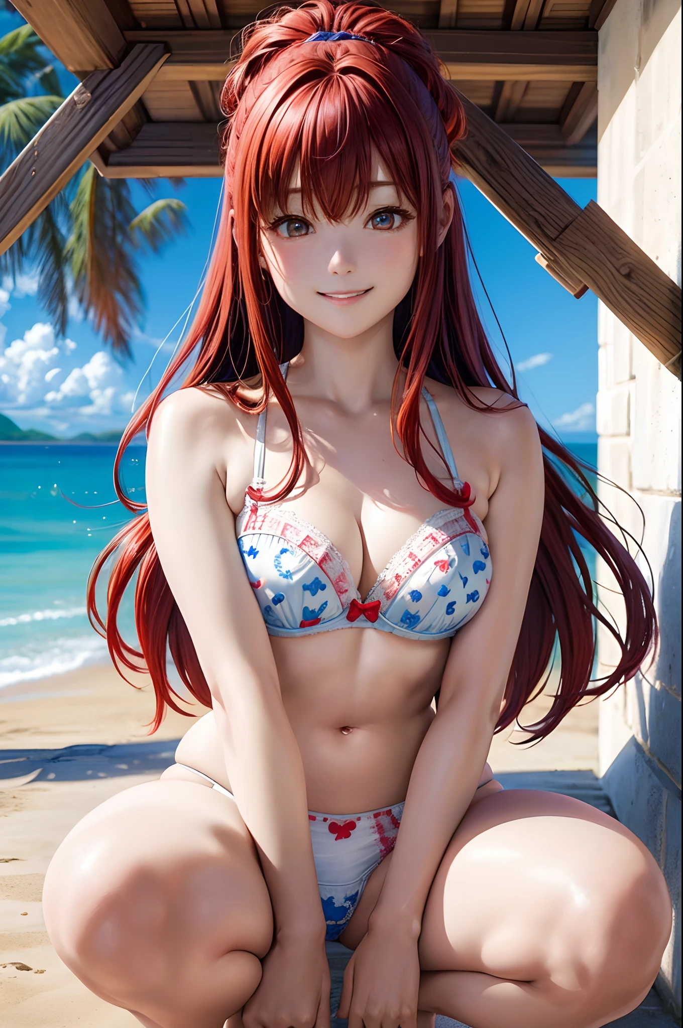 The upper part of the body、an oil painting、masterpiece、top-quality、hight resolution 、long red hair、shores、Beach、Naughty look、White and blue heart pattern bra、White and blue heart pattern panties、Bending legs、Female face、a smile、blue-sky、Squatting、Open your legs、Underwear is visible、Embarrassing、