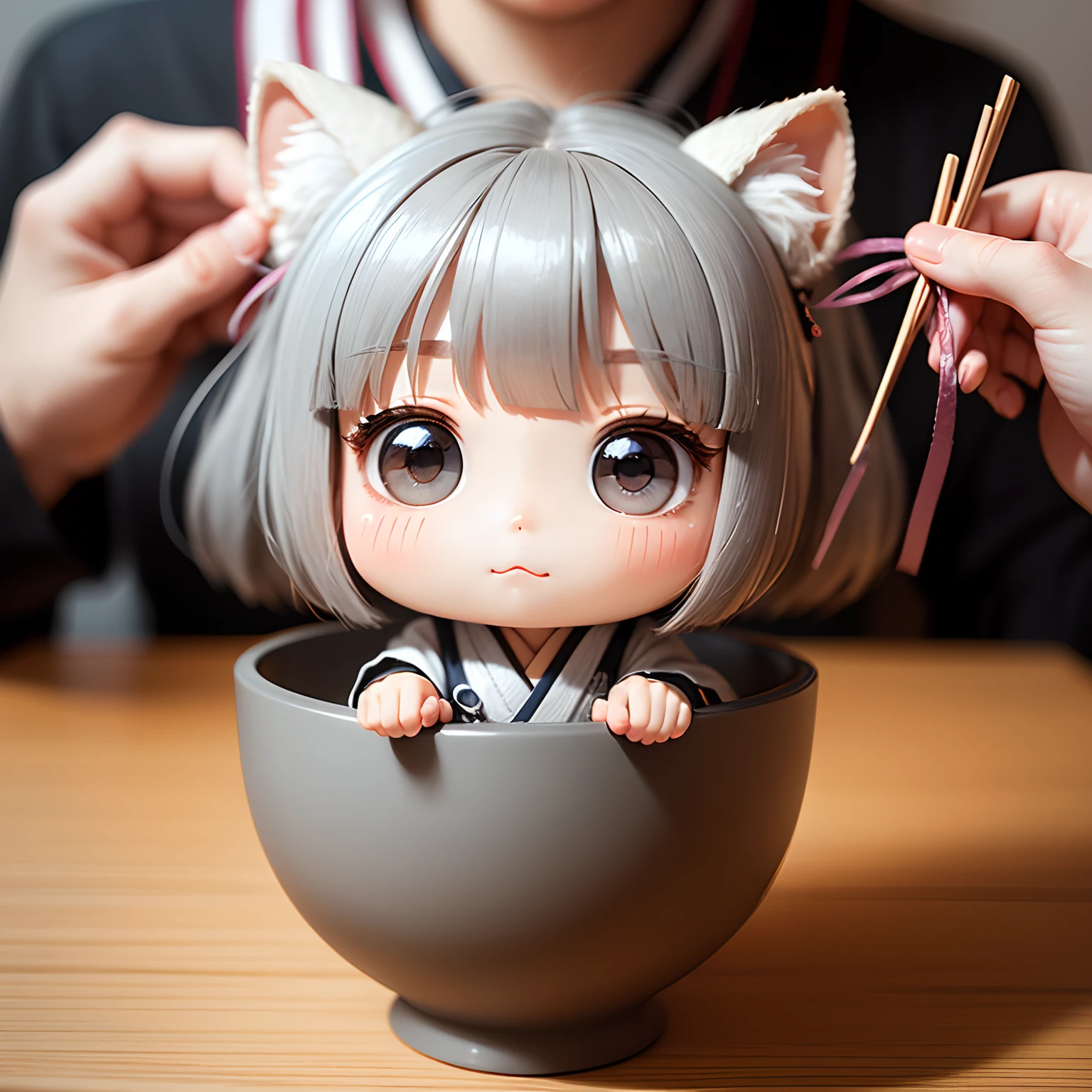 ​masterpiece、top-quality、ultra-detailliert、(Chibi Chara's Daughter:1.2)、独奏、//((Gray thin noodles:1.2)These come in Japanese-style vessels))、Please hold these in your hands and eat them、Holding chopsticks in hand、