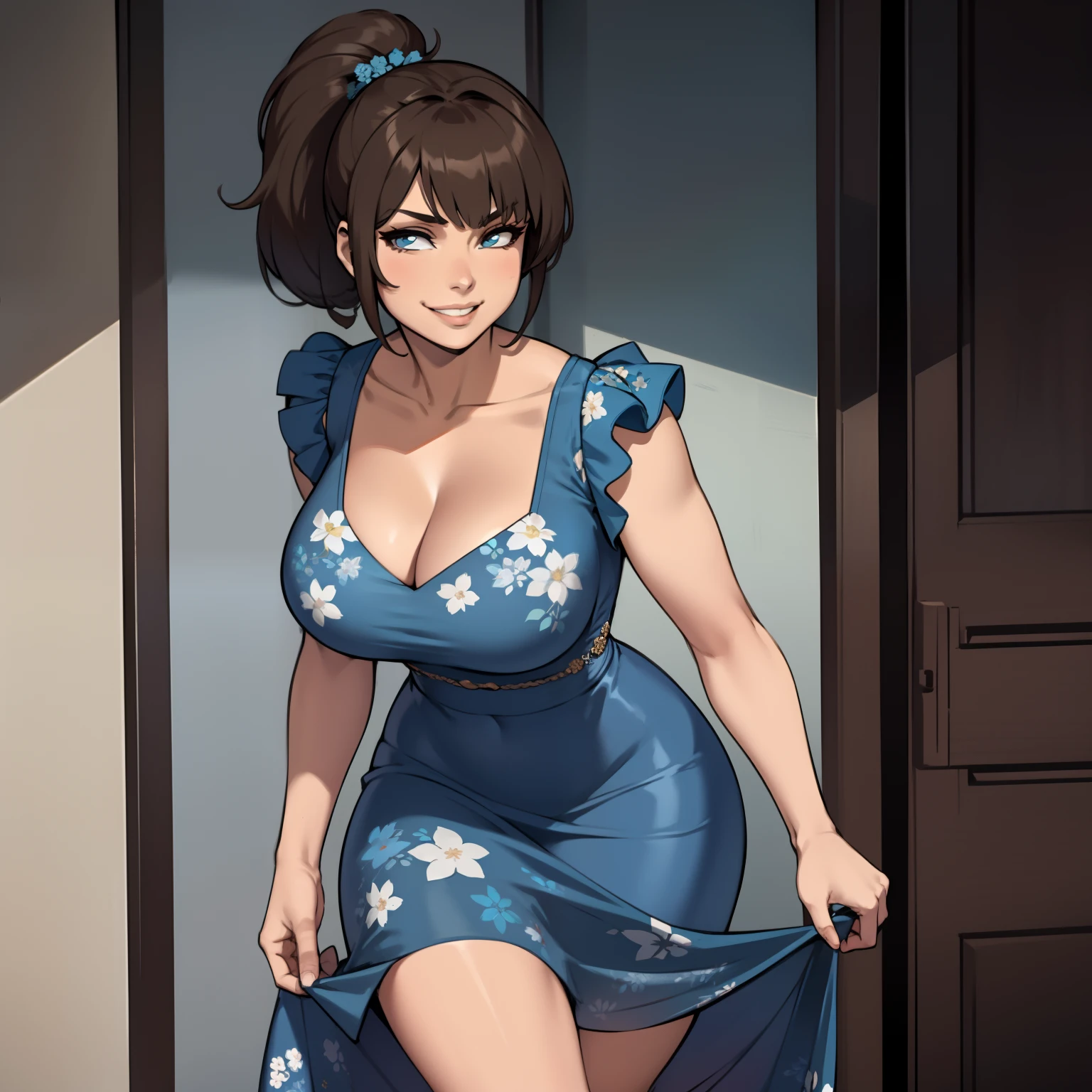 one female with short ponytail brown haircut, long form fitting blue floral dress, alone, solo, (ALONE)(SOLO), showing cleavage, facing forward, looking at me, looking forward, smirk, showing full legs, looking casual