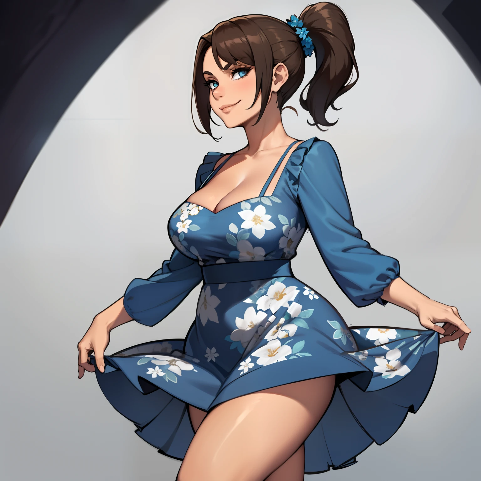 one female with short ponytail brown haircut, long form fitting blue floral dress, alone, solo, (ALONE)(SOLO), showing cleavage, facing forward, looking at me, looking forward, smirk, showing full legs, looking casual