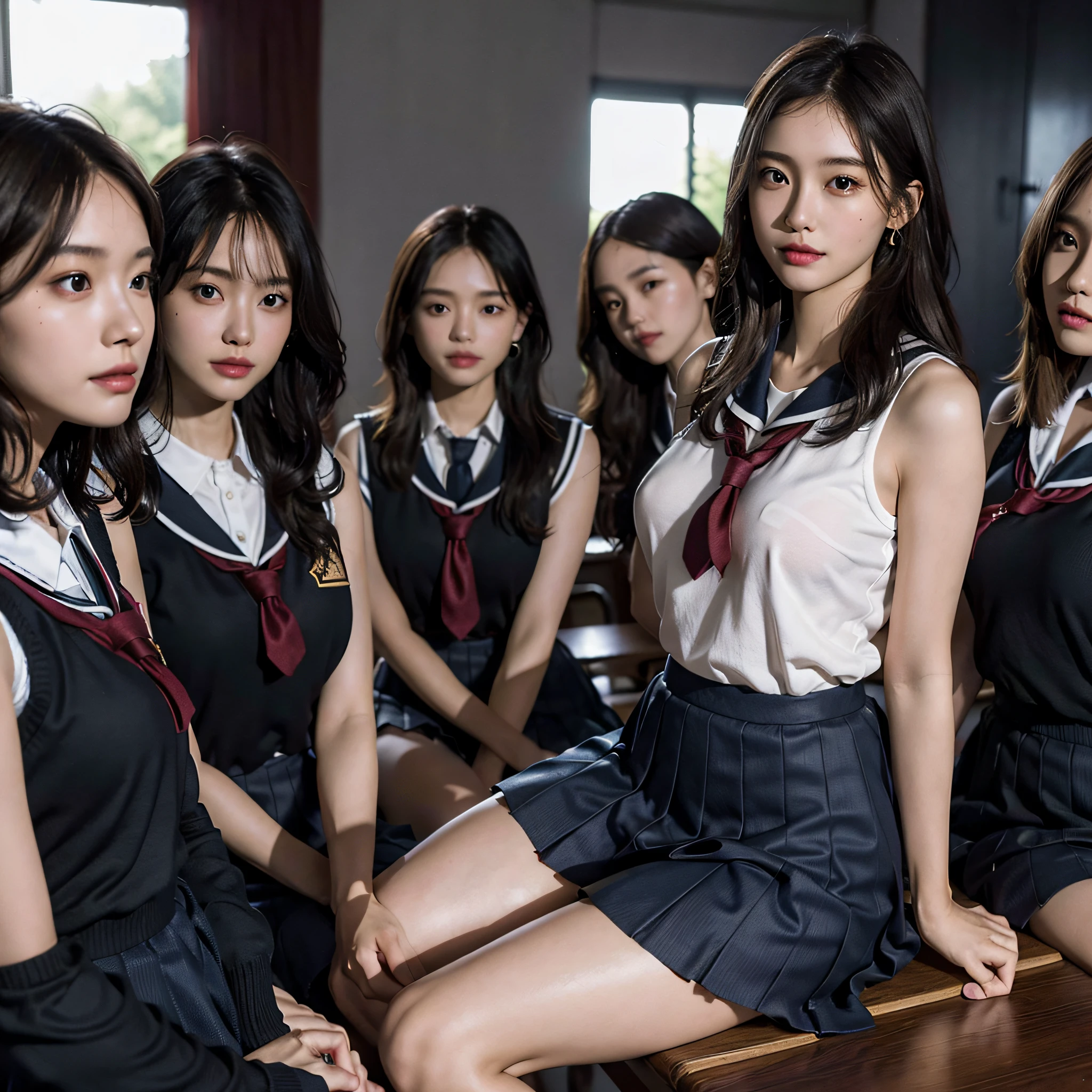 The image shows a group of 13-year-old teenage women, in the classroom, with school uniforms, beautiful legs, beautiful faces, sexy