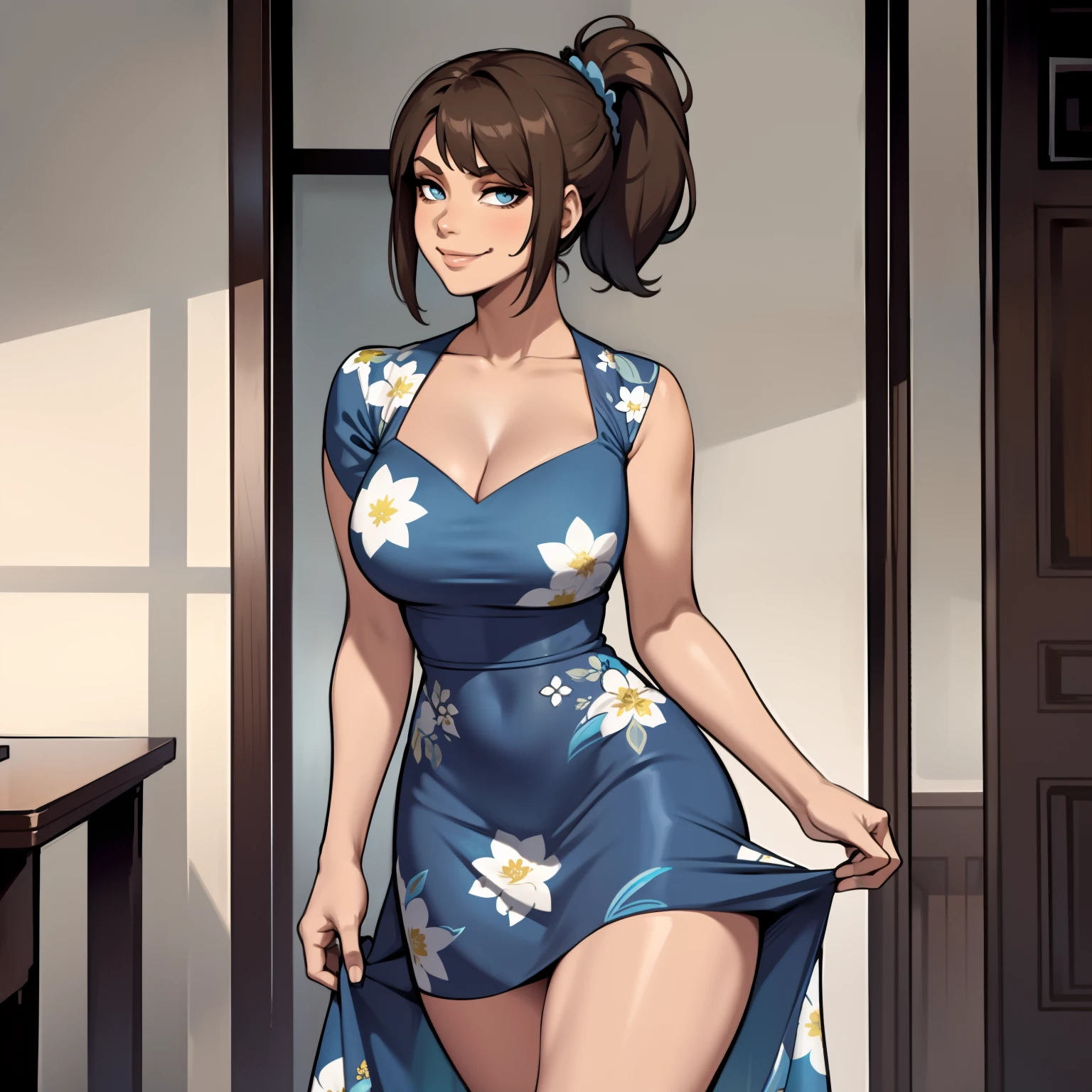 one female with short ponytail brown haircut, long form fitting blue floral dress, alone, solo, (ALONE)(SOLO), showing cleavage, facing forward, looking at me, looking forward, smirk, showing full legs, looking casual