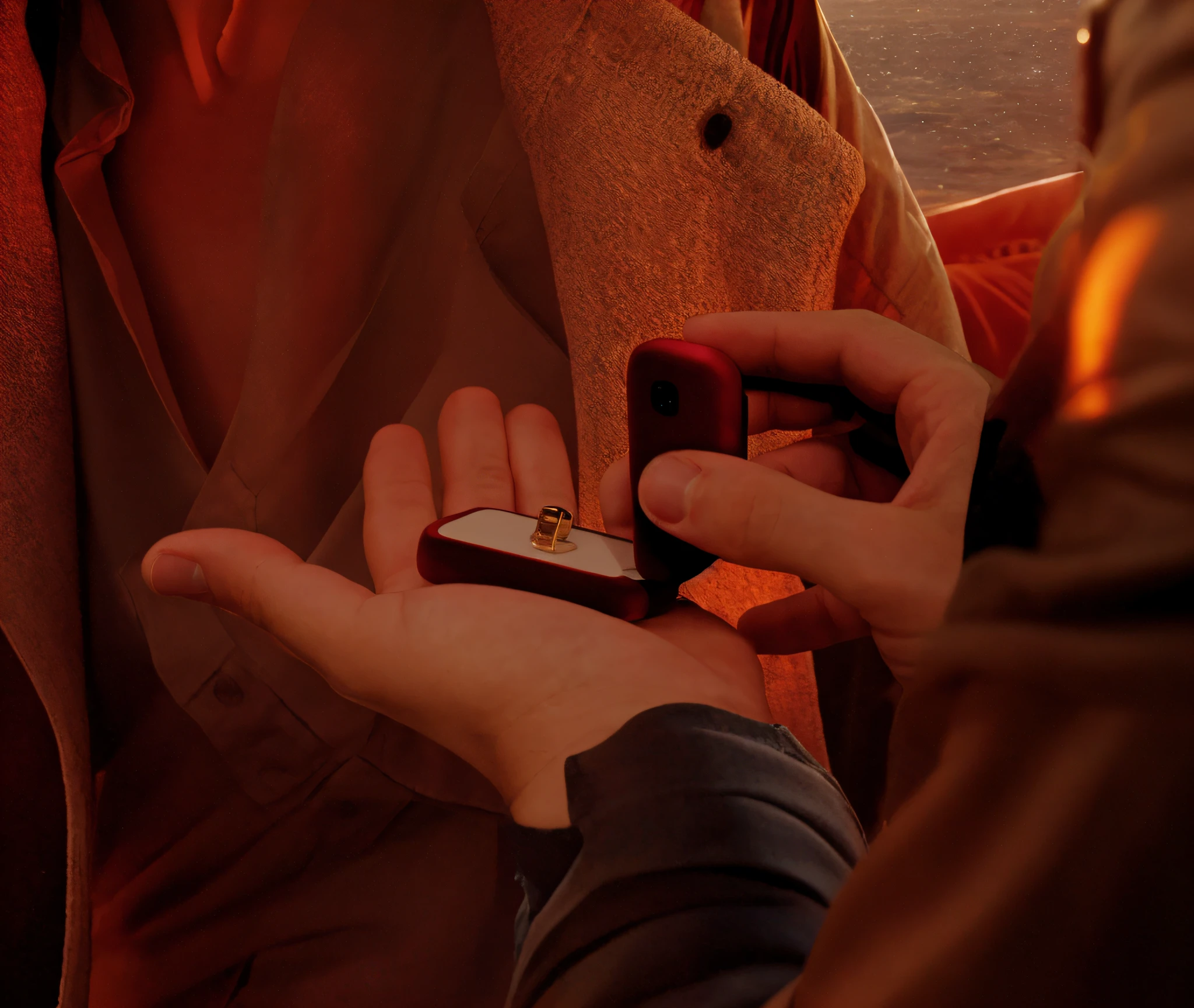 Someone holds a ring in his hand and a man holds a cell phone, El anillo es horizontal, Anuncios de anillo de compromiso, Hombre proponiendo a su novia, Ringflash, Un hiper realista, Anillo iluminado, closeup photograph, by Thomas Häfner, by Anna Füssli, por John La Gatta, fotorrealista, por Anato Finnstark