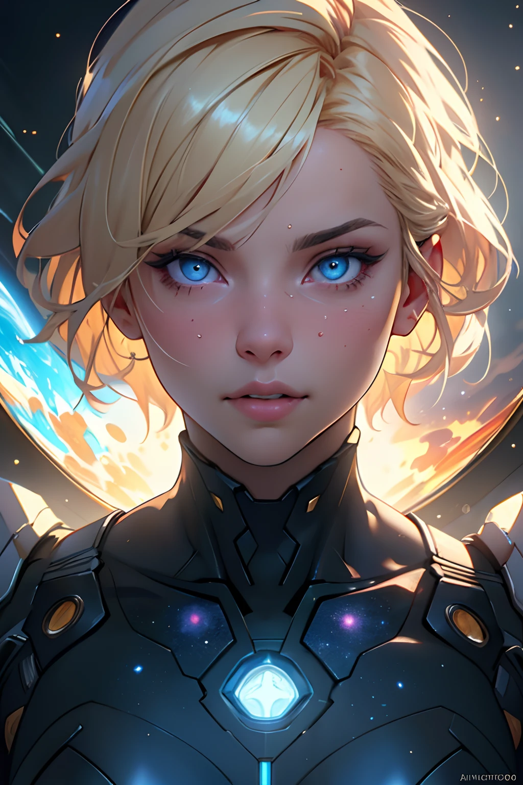 Highly detailed RAW color photo, beautiful young woman, short blonde hair, dynamic pose, (wide hips), (detailed skin), (detailed lips), (detailed eyes), (cosmic: 1.4), (necropolis: 1.1), (science fiction setting) (detailed face), detailed eyes, chromatic aberration, depth of field, soft lighting, masterpiece, best quality, intricate, (lens reflection: 0.7), (flowering: 0.7), particle effects, ray tracing, tone mapping, highly detailed, concept art, smooth, sharp focus, dramatic lighting, highly detailed art, cinematic, hyper-realistic painting, trending on Artstation, 8K, amazing shadows, realistic, (highly detailed background: 1.2), mid-journey art