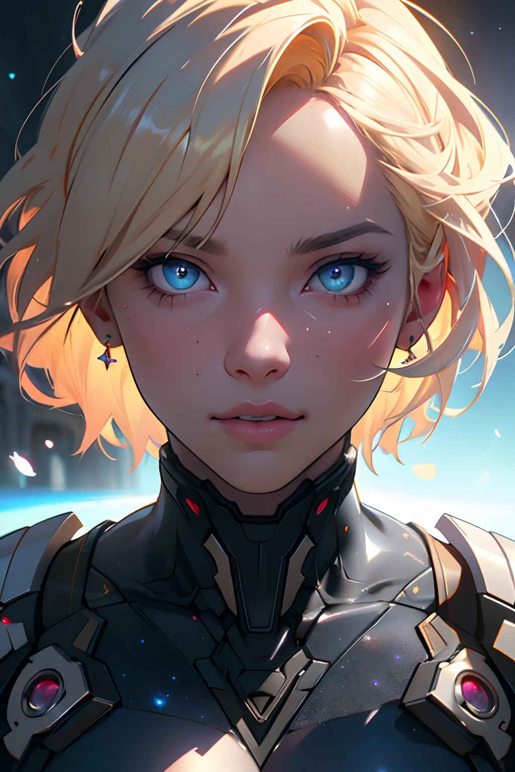 Highly detailed RAW color photo, beautiful young woman, short blonde hair, dynamic pose, (wide hips), (detailed skin), (detailed lips), (detailed eyes), (cosmic: 1.4), (necropolis: 1.1), (science fiction setting) (detailed face), detailed eyes, chromatic aberration, depth of field, soft lighting, masterpiece, best quality, intricate, (lens reflection: 0.7), (flowering: 0.7), particle effects, ray tracing,  tone mapping, highly detailed, concept art, smooth, sharp focus, dramatic lighting, highly detailed art, cinematic, hyper-realistic painting, trending on Artstation, 8K, amazing shadows, realistic, (highly detailed background: 1.2), mid-journey art