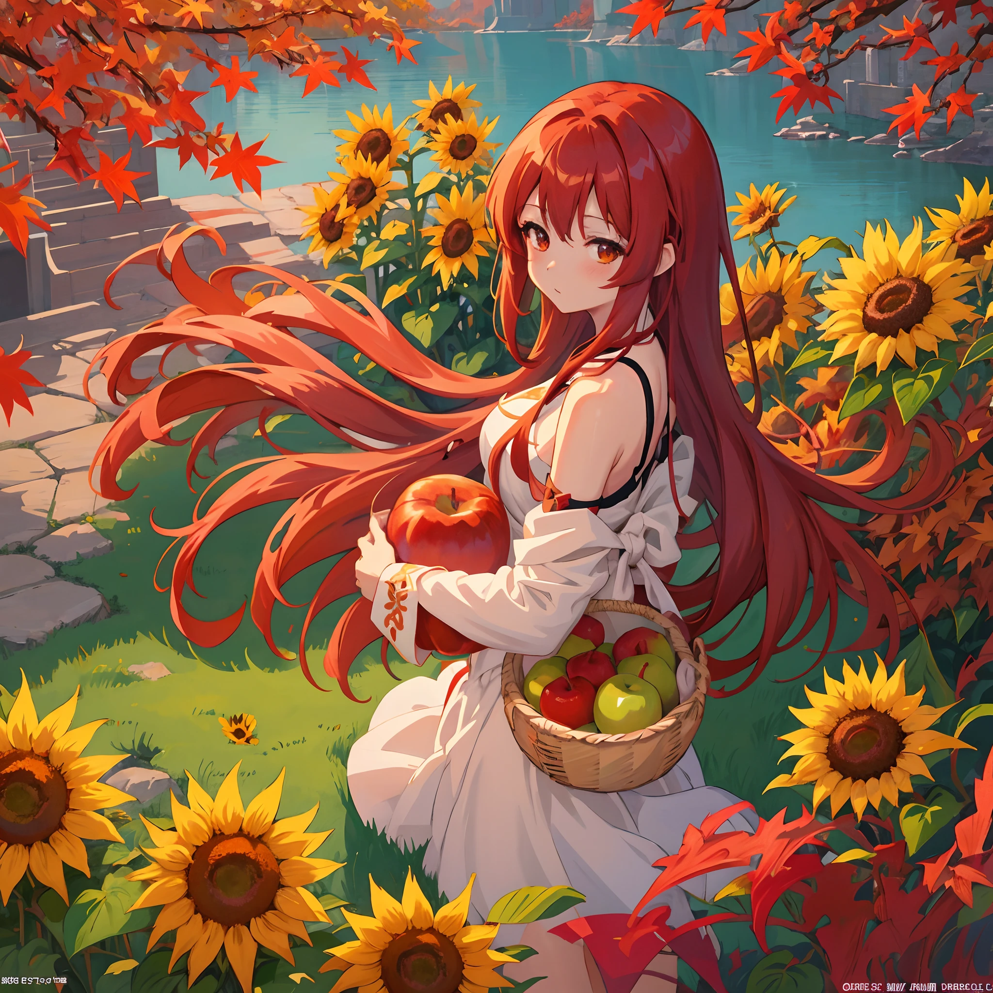 Long red hair anime girl with apple basket, the goddess of autumn harvest, artwork in the style of guweiz, Official art, Beautiful sunflower anime girl, marin kitagawa fanart, official artwork, guweiz, painted in anime painter studio, 🍁 Cute, sakimichan, by Yang J, Anime visuals of cute girls, official illustrations