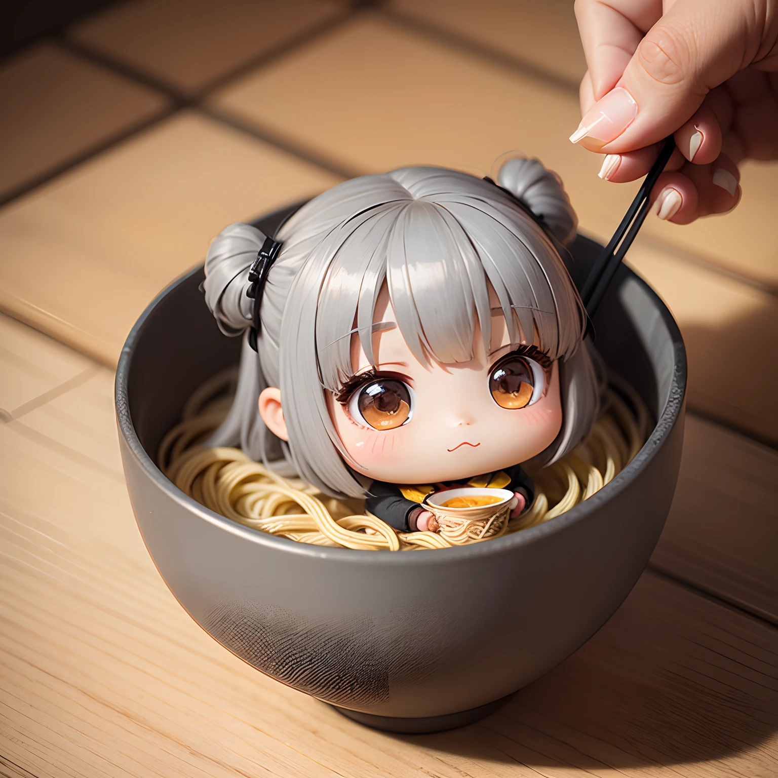 ​masterpiece、top-quality、ultra-detailliert、(Chibi Chara's Daughter:1.2)、独奏、//((Gray thin noodles:1.2)These come in Japanese-style vessels))、Please hold it in your hand and enjoy it.、Holding chopsticks in hand、