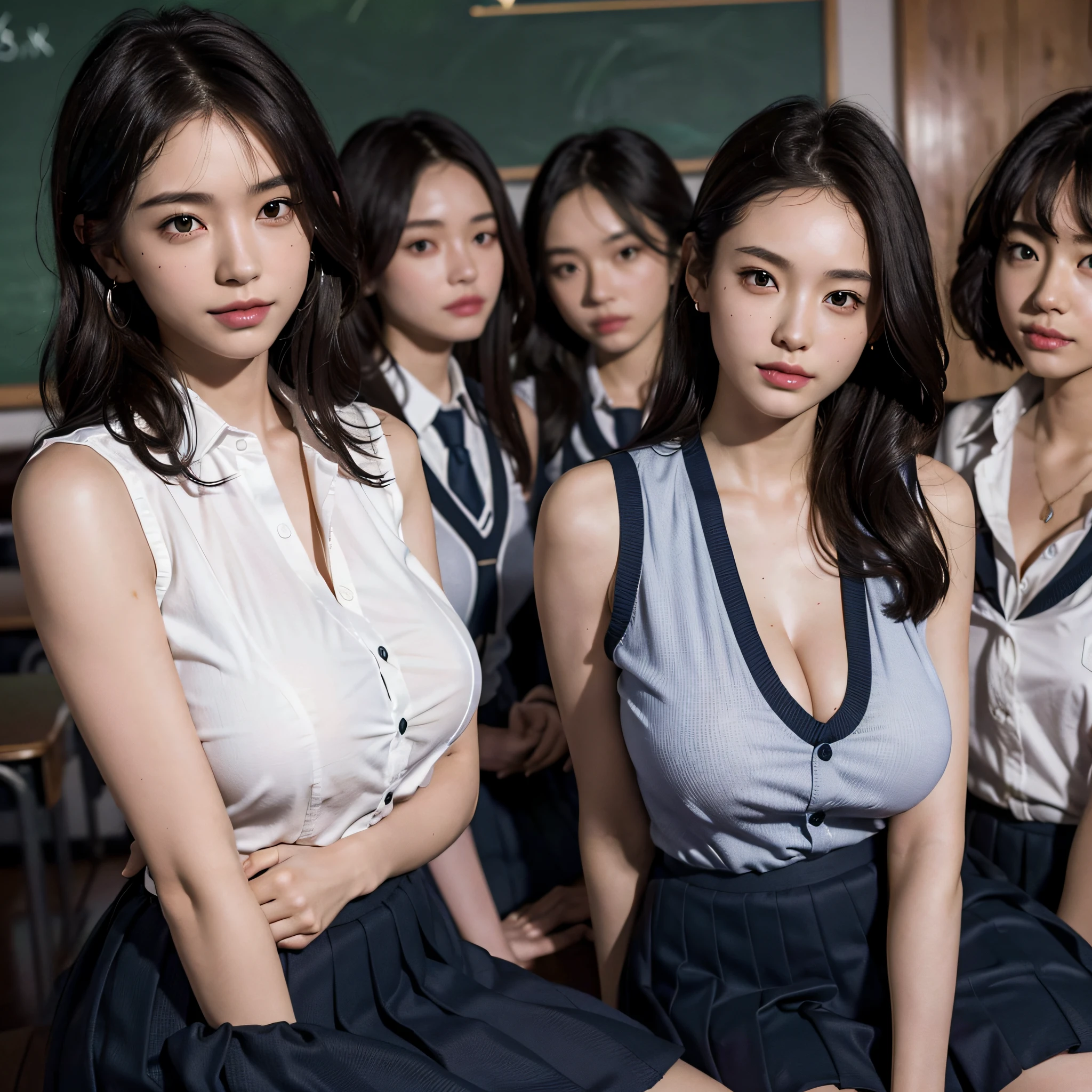 masterpiece, (photorealistic:1.5), best quality, beautiful lighting, real life, (different hair styles and colors:1.4), (harem, group of 7 (different looking:1.1) women), (looking at each other:1.4), full body shot, standing, (locker room:1.4), (wearing (school uniform:1.3), short sleeve unbuttoned white shirt, green skirt), skirtlift, (detailed face, perfect face, perfect eyes, realistic eyes, perfect fingers), (exposed breasts:1.7), (exposed pussy:1.7), long hair, hair ornaments, (small perky breasts:1.4), (orgy, gang bang, group sex, lots of naked women), intricate, high detail, sharp focus, dramatic, beautiful girl , (RAW photo, 8k uhd, film grain), caustics, subsurface scattering, art by John Atkinson Grimshaw, lush, fantasy, dreamlike