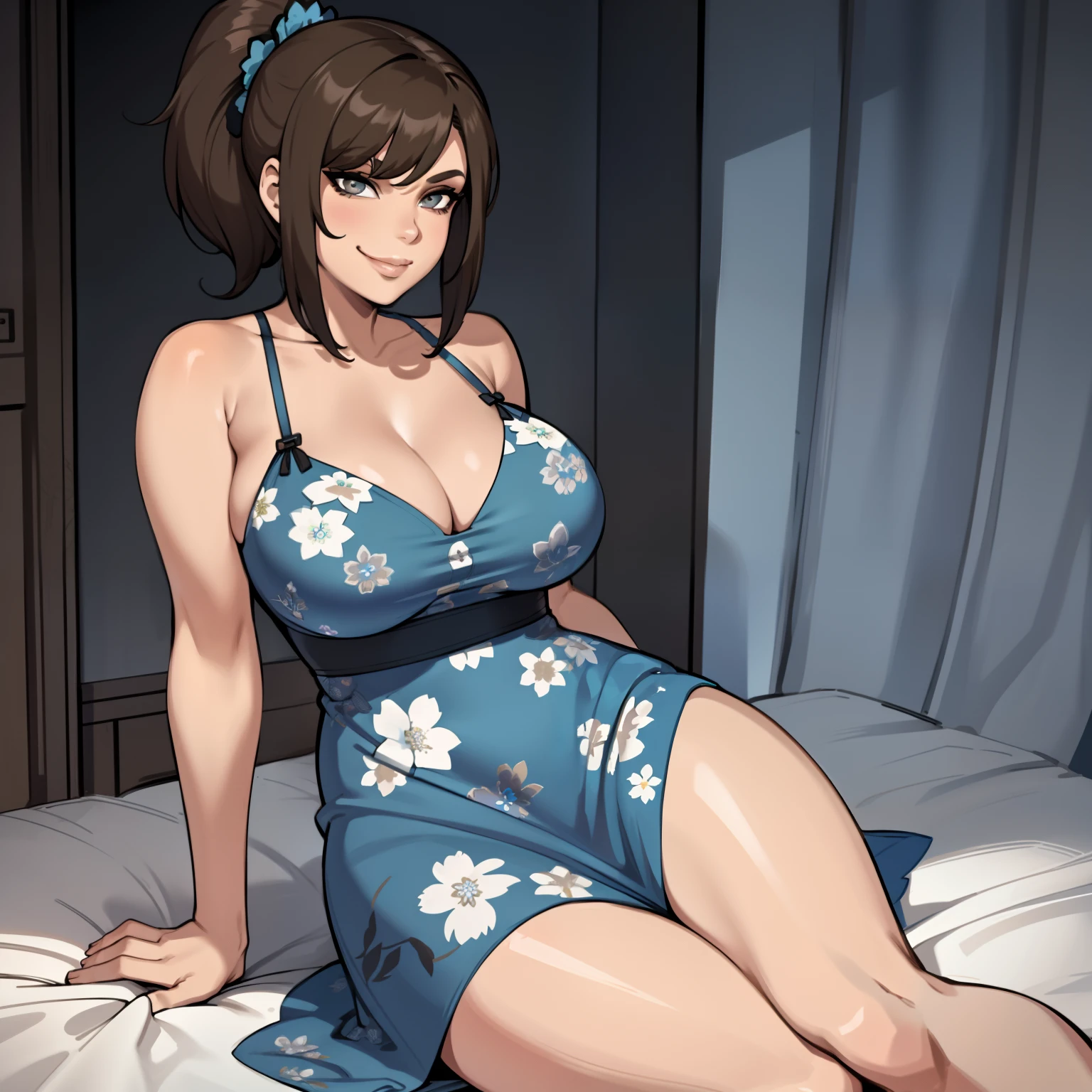 one female with short ponytail brown haircut, long form fitting blue floral dress, alone, solo, (ALONE)(SOLO), showing cleavage, facing forward, looking at me, looking forward, smirk, showing full legs, looking casual