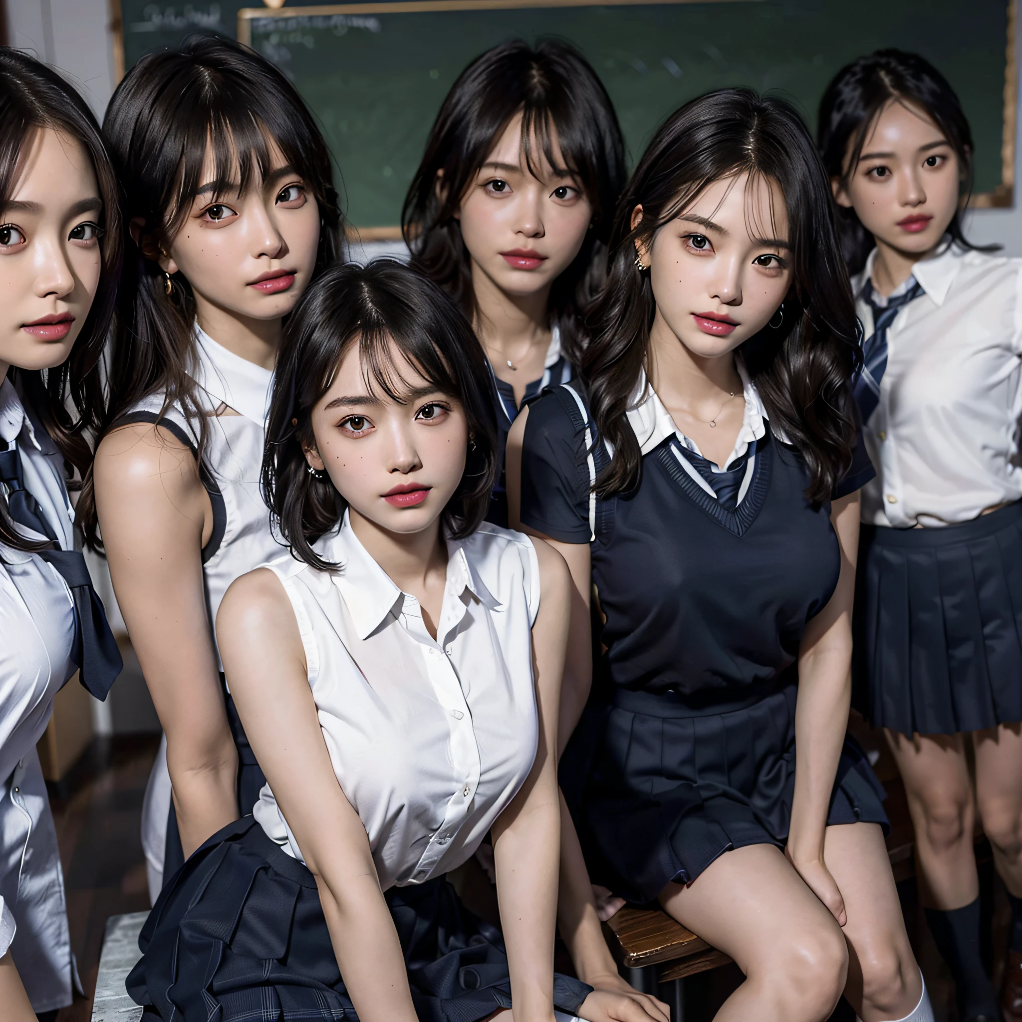 masutepiece, Best Quality, Five girls in the classroom,(5 people standing:1.2),Standing,Teenage, Looking at Viewer,l Group shot, harems,nffsw,Retro underwear, (pantiy),Realistic,School uniform,(Dark blue blazer and white shirt) ,(Dark blue pleated skirt),Blue Ribbon ,(Looking back, ass grab:0.9),(Beautiful eyes:1.3),frombelow,From below,Kinney,(skinny:1.2) ,Slender thighs, Long body, novel illustration,(Smelly eyes:0.5),closed curtains,(shirts lift,lifted by self:1.5) ,Dark Persona.Skirt lift front,(Panties:1.3),