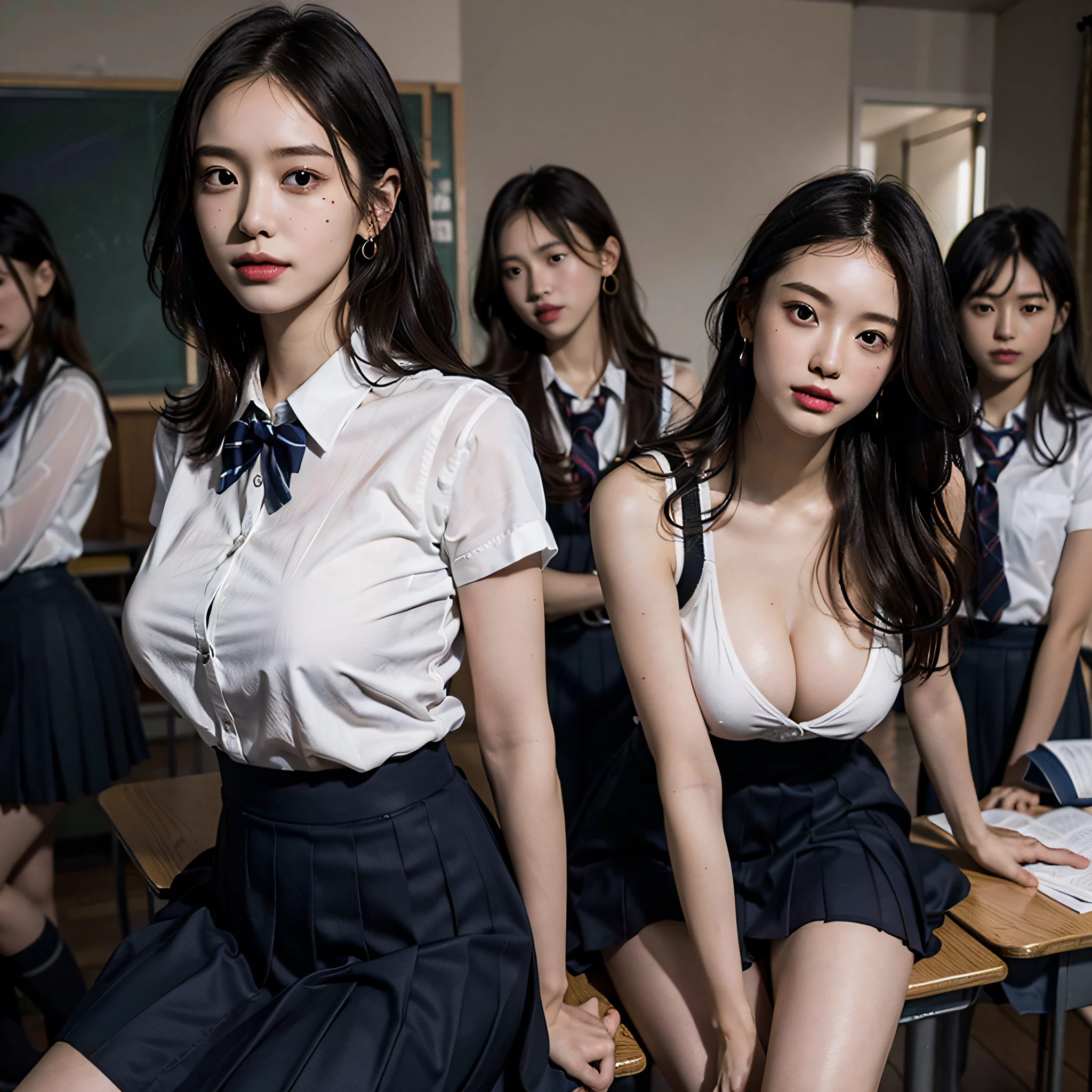 absurdres, RAW photo, extremely delicate and beautiful, masterpiece, Best Quality, ultra high resolution, 16k, hyperrealistic, ultra-detailed, Very detailed CG 8k wallpaper, Beautiful Lighting, Perfect Lightning, Realistic Shadows, perfect ???????, super Detailed skin, perfect figure, Japanese woman, in her 20s, very Slim body, narrow waist, very small head, handsome detailed woman, very detailed eyes and face, realistic face proportions, Stunning detailed eyes, Realistic beautiful face, very small face, Realistic small beautiful eyes, double eyelids, makeup, tearful mole, mole on chest, earring, bare legs, beautiful and very thin legs, beautiful and very thin thighs, (very huge round breasts:1.4), (full body shot;1.3), short hair, wavy hair, sweat, (3 girls:1.7), (school uniform, dress shirt:1.5), (sleeveless, bare arms, bare legs, tight-fitting),