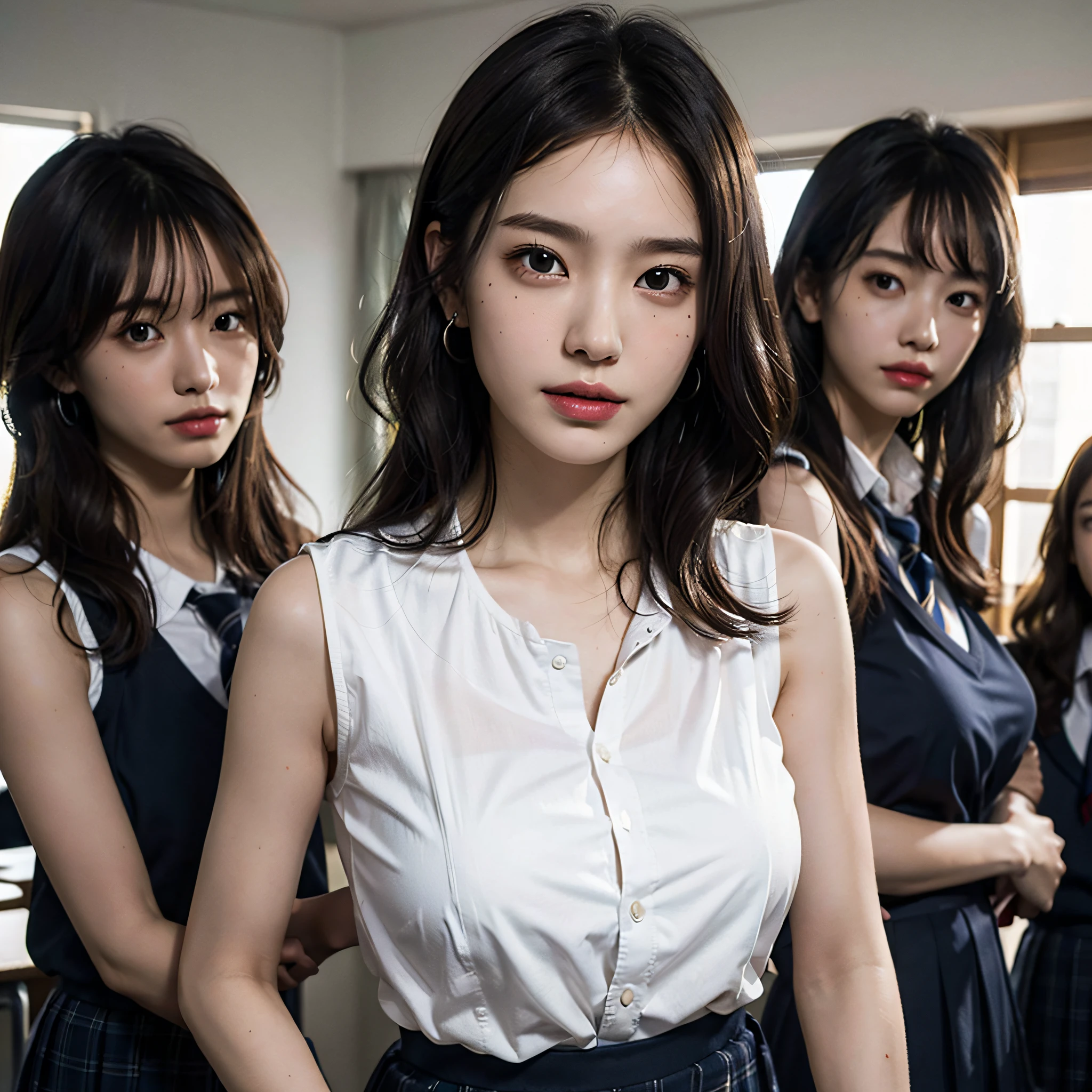 absurdres, RAW photo, extremely delicate and beautiful, masterpiece, Best Quality, ultra high resolution, 16k, hyperrealistic, ultra-detailed, Very detailed CG 8k wallpaper, Beautiful Lighting, Perfect Lightning, Realistic Shadows, perfect anatomy, super Detailed skin, perfect figure, Japanese woman, in her 20s, very Slim body, narrow waist, very small head, handsome detailed woman, very detailed eyes and face, realistic face proportions, Stunning detailed eyes, Realistic beautiful face, very small face, Realistic small beautiful eyes, double eyelids, makeup, tearful mole, mole on chest, earring, bare legs, beautiful and very thin legs, beautiful and very thin thighs, (very huge round breasts:1.4), (full body shot;1.3), short hair, wavy hair, sweat, (3 girls:1.7), (school uniform, dress shirt:1.5), (sleeveless, bare arms, bare legs, tight-fitting),