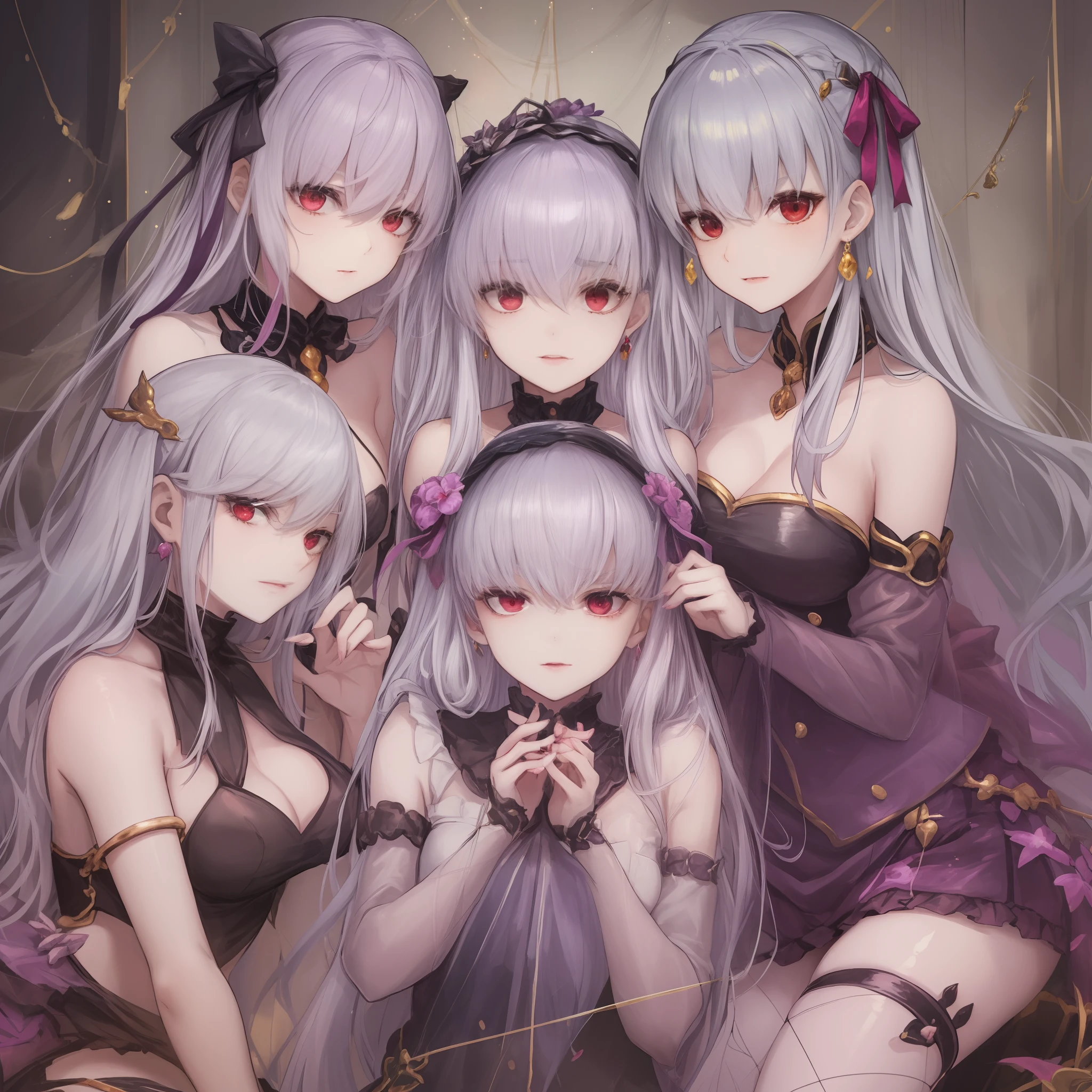 （（​masterpiece）），（（hightquality）），（（（hight resolution））），（（（（Harem of an unspecified number of girls with purplish-silver hair）））），（（（（（Image of radical Lily lesbian skinship entangled with harem girl））））），（（（（（（（Hair color is only purplish silver hair））））））），（（（Twin-tailed hair with purplish silver hair））），（（（Short hair with purplish silver hair））），（（（Long hair with purplish silver hair））），（（（Purplish-silver twin drill hair））），（（（（Harem of purplish-silver-haired daughters wearing costumes different from the original）））），（（（（Sexy fluffy skewed underwear in maid clothes style）））），（（Fate））（（Fate Grand Order）），（（Kama）），（（Ribbon hair ornament on purplish-silver hair head）），（（（Red Eyes）））