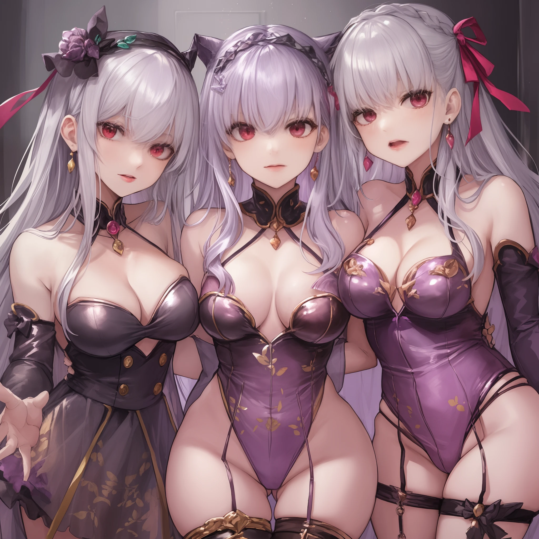 ((masterpiece)),((hightquality)),(((hight resolution))),((((Harem of an unspecified number of girls with purplish-silver hair)))),(((((Image of radical Lily lesbian skinship entangled with harem girl))))),(((((((Hair color is only purplish silver hair))))))),(((Twin-tailed hair with purplish silver hair))),(((Short hair with purplish silver hair))),(((Long hair with purplish silver hair))),(((Purplish-silver twin drill hair))),((((Harem of purplish-silver-haired daughters wearing costumes different from the original)))),((((Sexy fluffy skewed underwear in maid clothes style)))),((Fate))((Fate Grand Order)),((Kama)),((Ribbon hair ornament on purplish-silver hair head)),(((Red Eyes)))