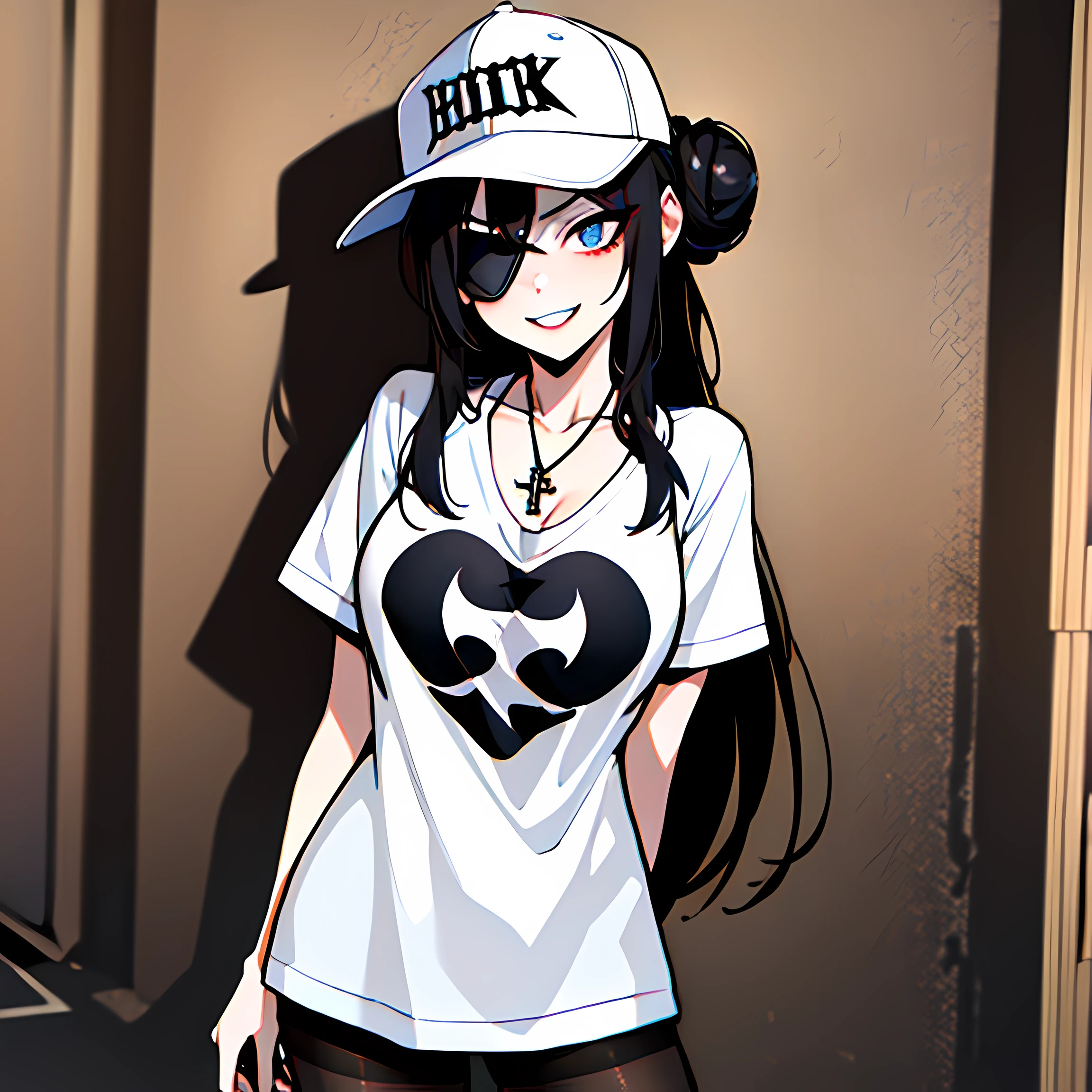 (absurdres, 8k, 4k, masterpiece, hyper extreme detailed:1.2), best quality, expressive eyes, highres, perfect eyes, 1girl, perfect face, perfect hands, Long Hair, Black hair, braided buns, buns in hair, large bust, crazy face, crazy eyes, crazy smile, eyepatch, gothic, cross necklace, black shirt, streetwear, pantyhose, baseball cap, curious, half body, street clothing, graphic t-shirt, standing, leaning against wall, gothic, pale skin, absurdquality, shocked, concerned, confused, head tilt, cowboy_shot, shorts, cleavage, short shirt, fang tooth, black eyepatch, smile, black pantyhose, wall background,