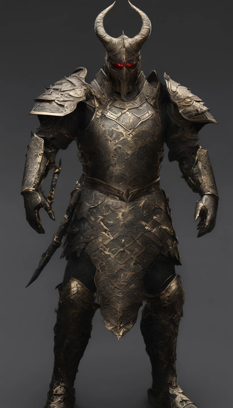 warrior, concept-art, author：Kishiganku, Fantasy art, battleground background, clean render, a horned, Wear a suit of armor, Detailed bushido form smoke, helmet of a forgotten deity, character is standing, 8k Realistic, in game render, detailed face background detail, Art station front page, taur, Pseudo-medieval fantasy, A deity wearing koi armor, detailed bronze armor, Bronze armor, golden etched armor, gold obsidian armor, Light gold armor, Gorgeous filigree armor, A demonic warrior, Gorgeous armor full of thorns, Intricate assasin armor, Intricate metal armor, powerful warrior, Dressed in gorgeous gold armor，Decorated with intricate patterns, The helmet has a large crown and two horns,Glowing red eyes， Everything is in the dark, The smoky background hints at battle scenes, Add an ominous aura to his character，submission, Full body shot.