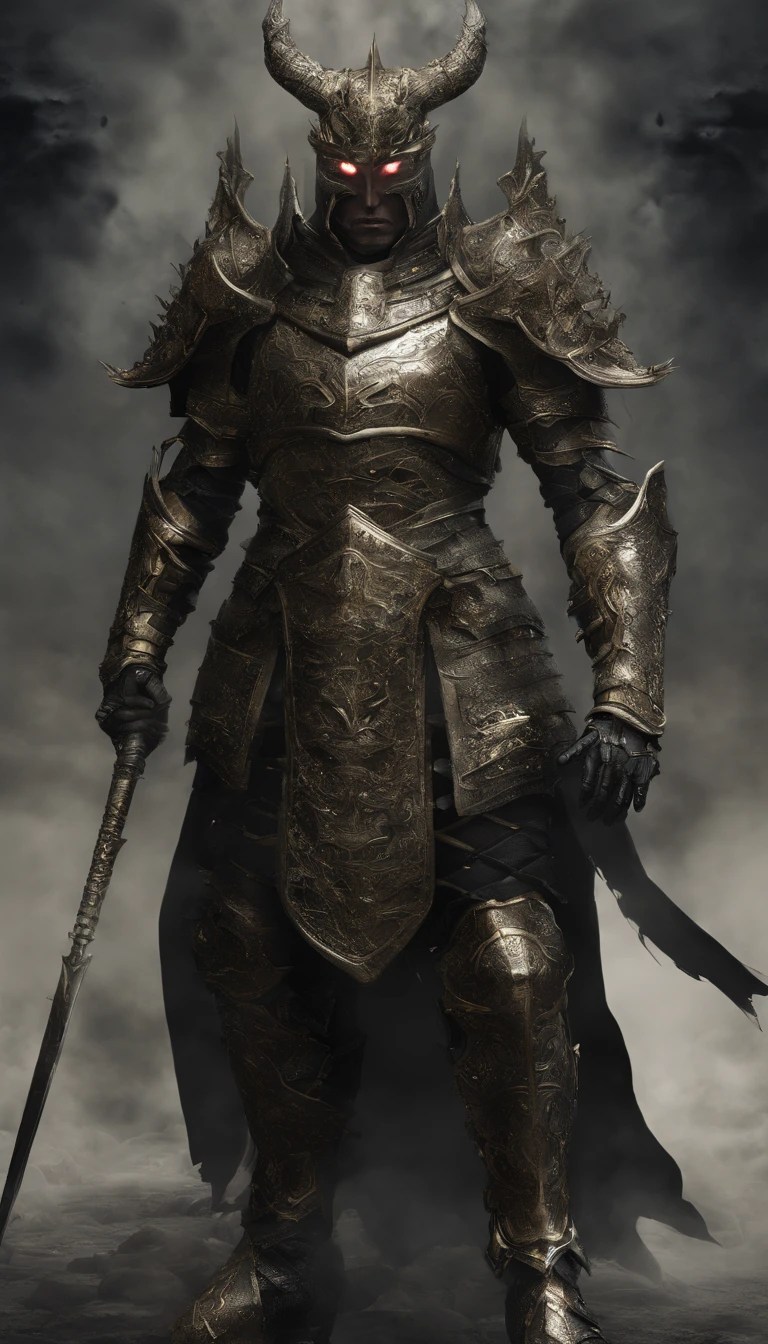 warrior, concept-art, author:Kishiganku, Fantasy art, battleground background, clean render, a horned, Wear a suit of armor, Detailed bushido form smoke, helmet of a forgotten deity, character is standing, 8k Realistic, in game render, detailed face background detail, Art station front page, taur, Pseudo-medieval fantasy, A deity wearing koi armor, detailed bronze armor, Bronze armor, golden etched armor, gold obsidian armor, Light gold armor, Gorgeous filigree armor, A demonic warrior, Gorgeous armor full of thorns, Intricate assasin armor, Intricate metal armor, powerful warrior, Dressed in gorgeous gold armor,Decorated with intricate patterns, The helmet has a large crown and two horns,Glowing red eyes, Everything is in the dark, The smoky background hints at battle scenes, Add an ominous aura to his character,submission, Full body shot.