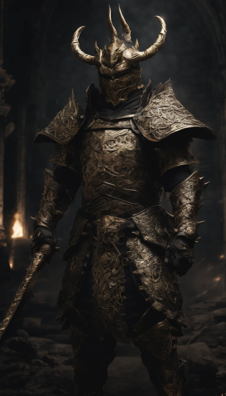 warrior, concept-art, author:Kishiganku, Fantasy art, battleground background, clean render, a horned, Wear a suit of armor, Detailed bushido form smoke, helmet of a forgotten deity, character is standing, 8k Realistic, in game render, detailed face background detail, Art station front page, taur, Pseudo-medieval fantasy, A deity wearing koi armor, detailed bronze armor, Bronze armor, golden etched armor, gold obsidian armor, Light gold armor, Gorgeous filigree armor, A demonic warrior, Gorgeous armor full of thorns, Intricate assasin armor, Intricate metal armor, powerful warrior, Dressed in gorgeous gold armor,Decorated with intricate patterns, The helmet has a large crown and two horns,Glowing red eyes, Everything is in the dark, The smoky background hints at battle scenes, Add an ominous aura to his character,submission, Full body shot.