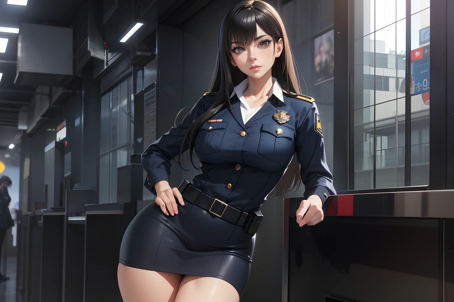 Anime girl, narrow waist, waitress, in uniform