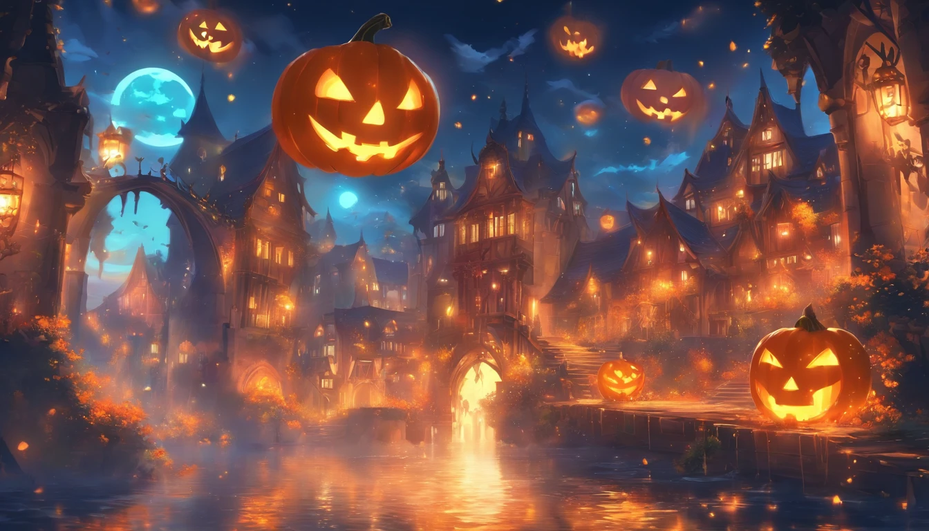 Halloween Floating Lights, Cinematic light and reflection, glowing lights, Intermediate metaverse elements，Digital Painting, Glowing reflections, pondering, Halloween Jack-o'-lantern, calm night, Digital Illustration, Beautiful atmosphere, Skylight at night, Calm evening atmosphere, Jack-o'-lantern, Halloween, the night, themoon, The game scene, Halloween, Surrounded by clouds, Buildings in medieval Europe, glazed tiles, ue, gorgeous colors, There are three arches in the foreground((color ink)), ( (Splash ink ) ), ((Splash ink) inky})), tmasterpiece, high quarity, Beautiful graphics, high detal,Magnificent