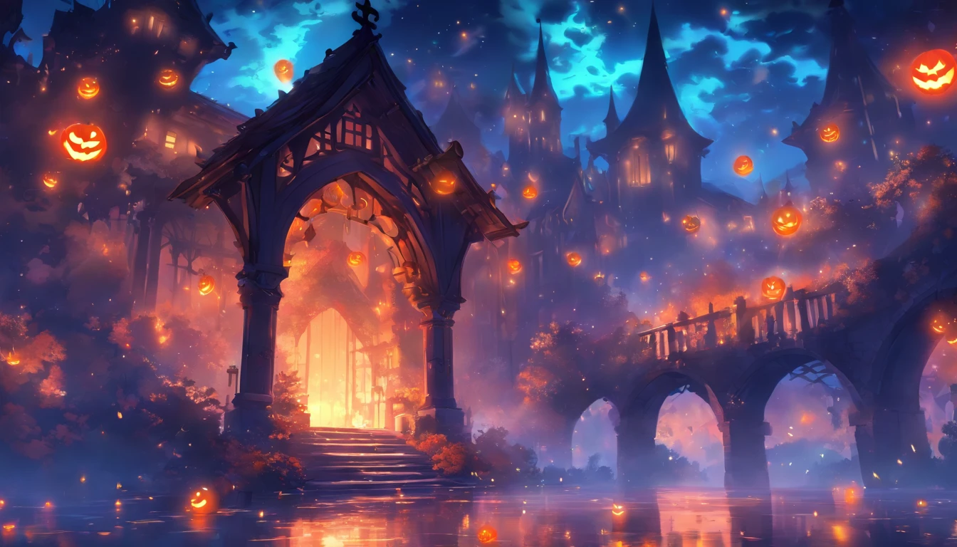 Halloween Floating Lights, Cinematic light and reflection, glowing lights, Intermediate metaverse elements，Digital Painting, Glowing reflections, pondering, Halloween Jack-o'-lantern, calm night, Digital Illustration, Beautiful atmosphere, Skylight at night, Calm evening atmosphere, Jack-o'-lantern, Halloween, the night, themoon, The game scene, Halloween, Surrounded by clouds, Buildings in medieval Europe, glazed tiles, ue, gorgeous colors, There are three arches in the foreground((color ink)), ( (Splash ink ) ), ((Splash ink) inky})), tmasterpiece, high quarity, Beautiful graphics, high detal,Magnificent