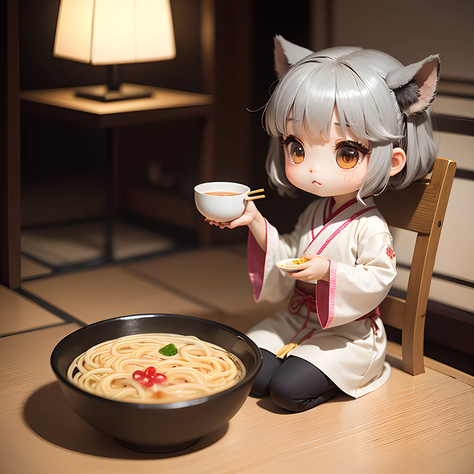 masterpiece、top-quality、ultra-detailliert、(Chibi Chara's Daughter:1.2)、独奏、//((Gray thin noodles:1.2)These come in Japanese-style vessels))、Hold this vessel、Holding chopsticks in hand、sitting in the chair