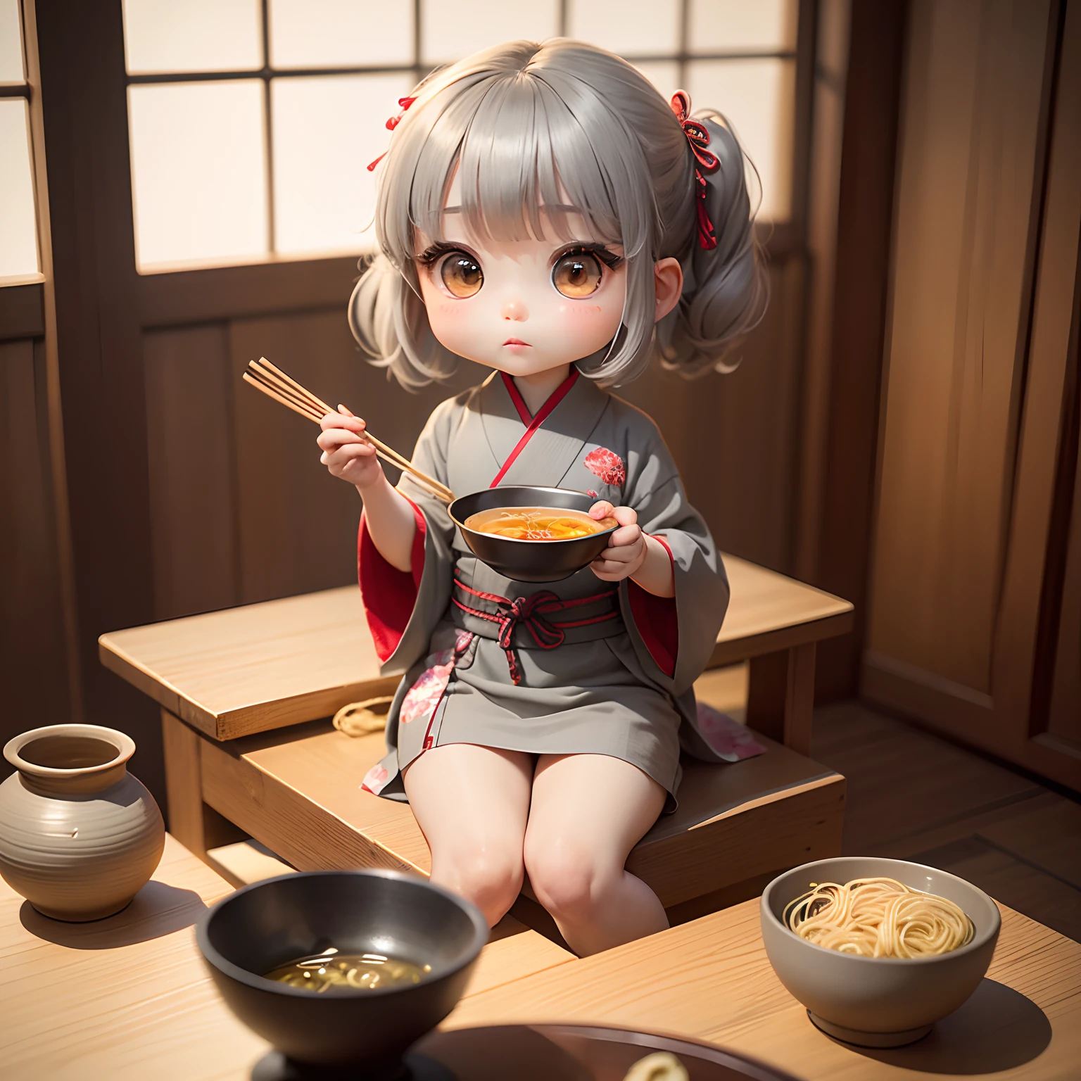 ​masterpiece、top-quality、ultra-detailliert、(Chibi Chara's Daughter:1.2)、独奏、//((Gray thin noodles:1.2)These come in Japanese-style vessels))、Hold this vessel、Holding chopsticks in hand、sitting in the chair