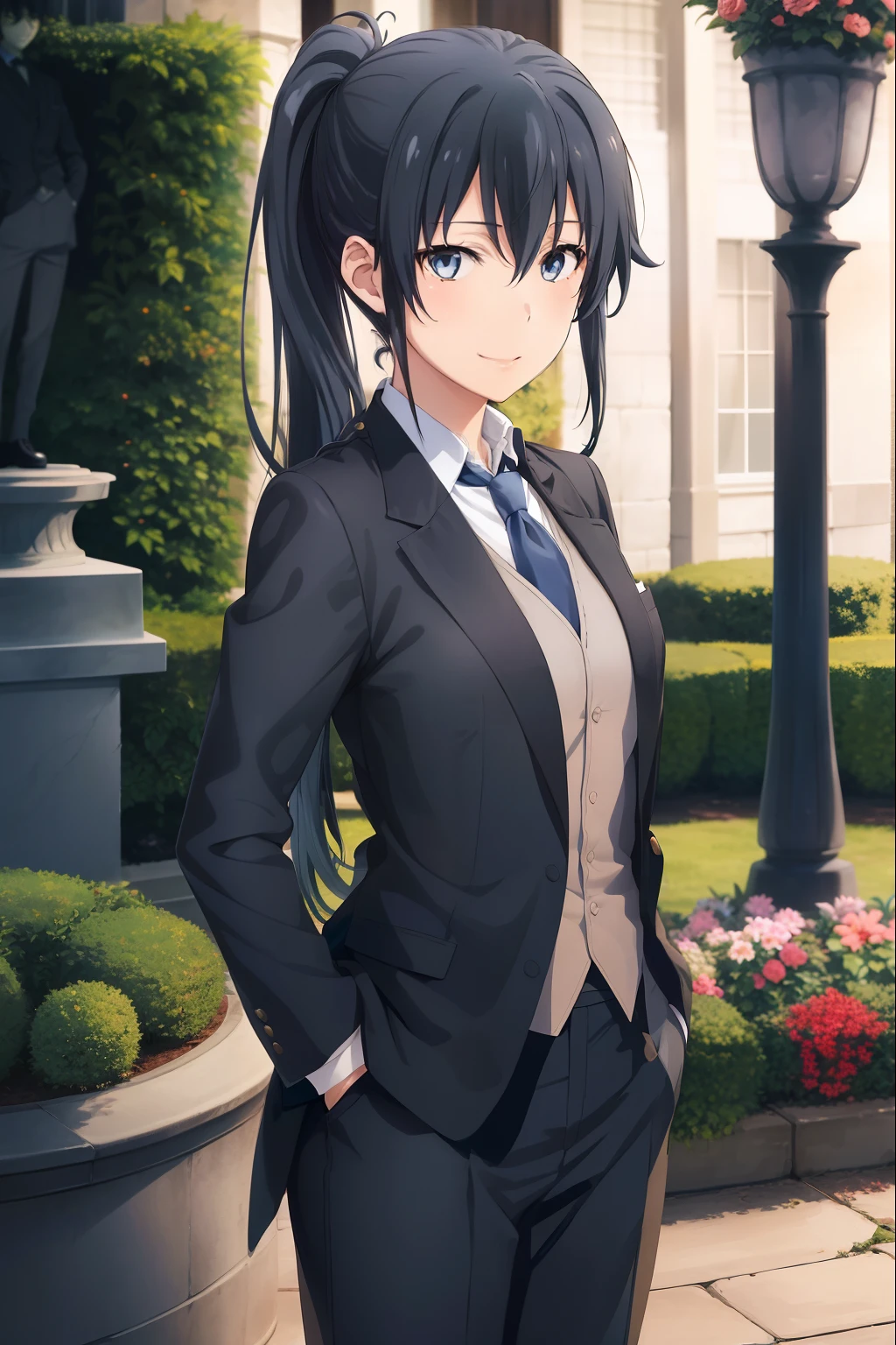 1girl, Yukinoshita Yukino, Beautiful garden for wallpaper , Specially designed back coat, Stands with one hand in her pocket, white pants, collared shirt, Tuxedo , blue necktie, eyes blue, Black-haired ponytail, Smileing, wallpaper, Female Butler, Best Quality, Beautiful personality suit, Badass Butler