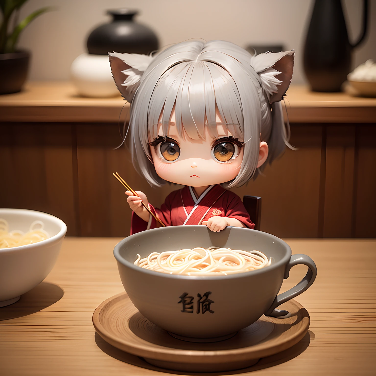 masterpiece、top-quality、ultra-detailliert、(Chibi Chara's Daughter:1.2)、独奏、//((Gray thin noodles:1.2)These go into Japanese-style vessels))、Holding this vessel、Holding chopsticks in hand、sitting in the chair