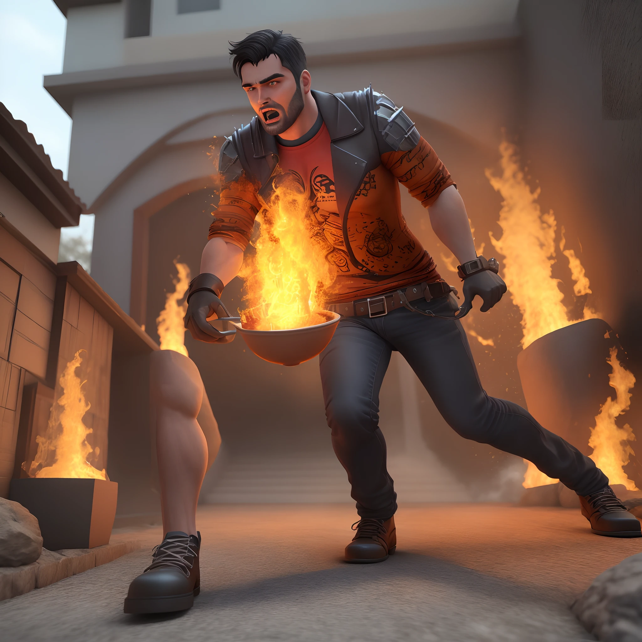 Homem cortando a garganta 3D e indo pro inferno