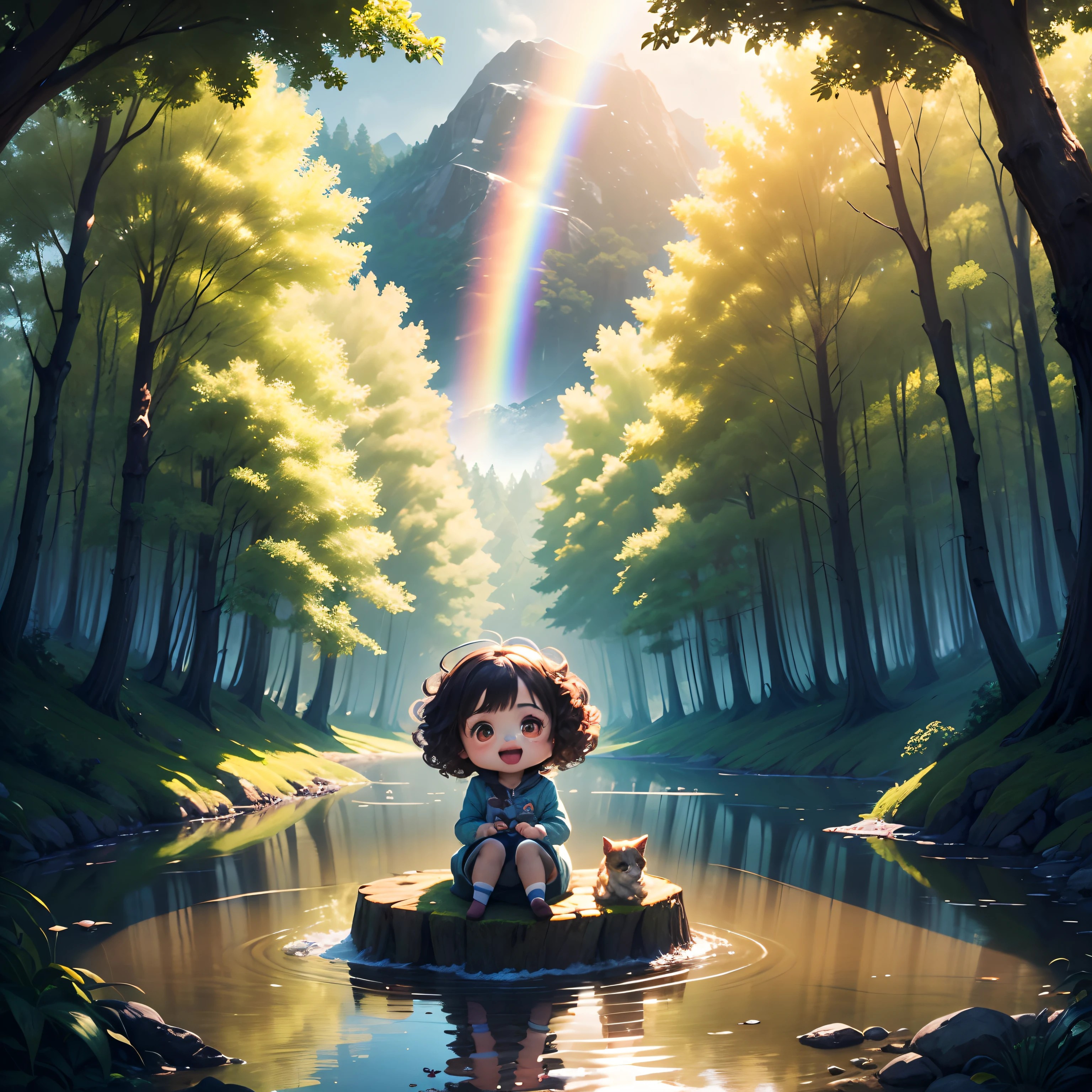 masterpiece、top-quality、ultra-detailliert、(Pigle dog daughter:1.2)、(Chibi Chara:1.1)、wraith、Curly hair、Open your mouth and smile、lake in the middle of a forest、Sit on a stump、Rainbow Light、the morning sun、rainbows