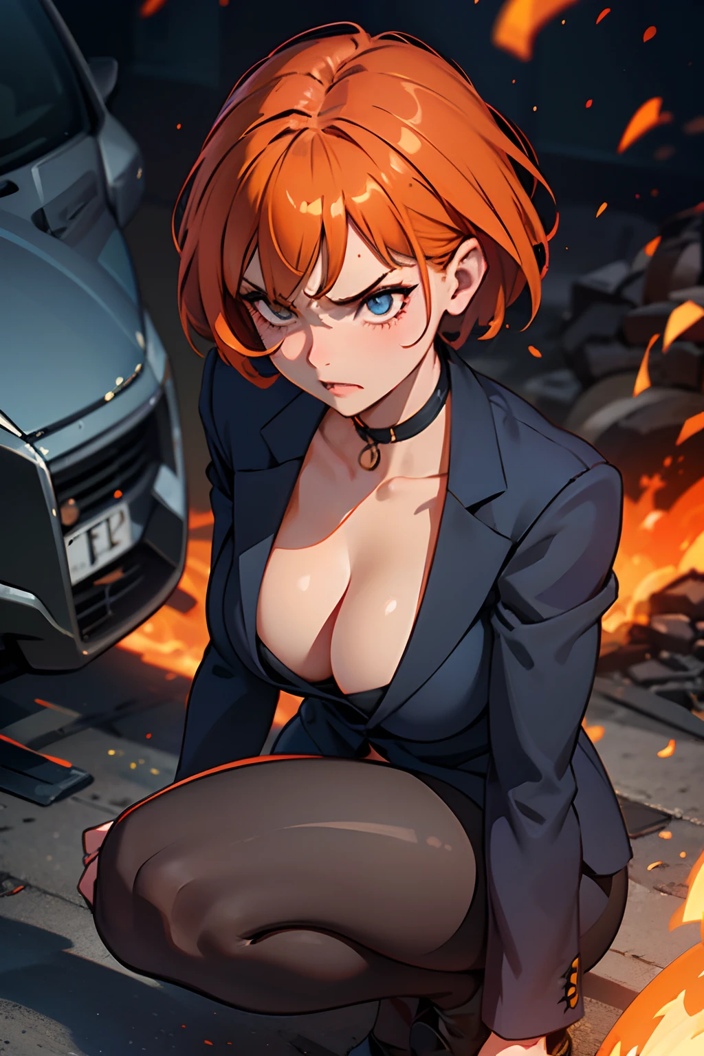 Woman in dark suit、Show cleavage on her knees、angry looking face, Straight short hair, orange color hai, perky tits, showing her breasts, ripped shirt