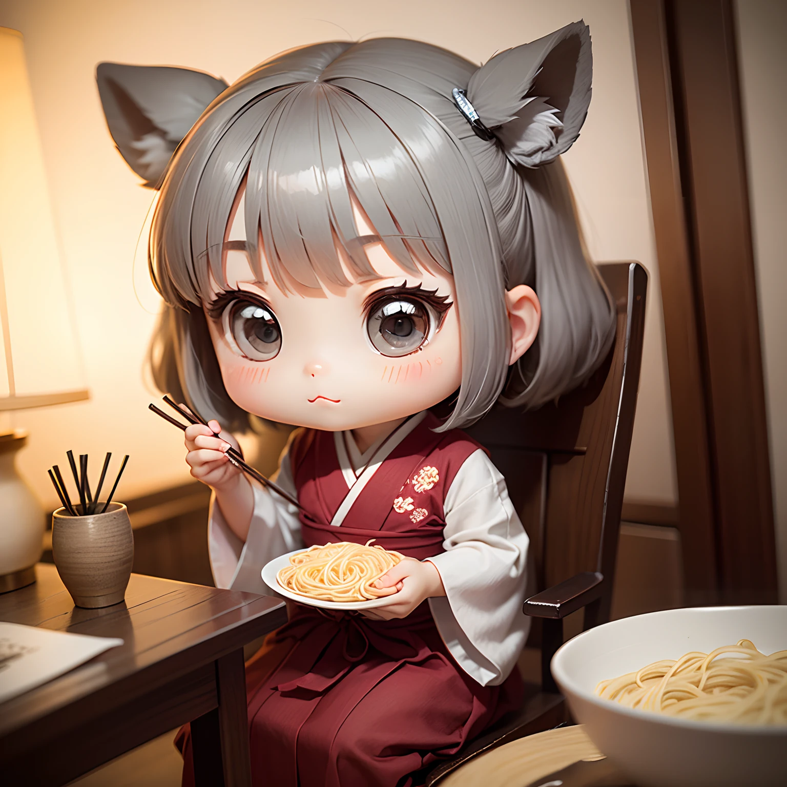 masterpiece、top-quality、ultra-detailliert、(Chibi Chara's Daughter:1.2)、独奏、//((Gray thin noodles:1.2)These enter the Japanese-style ship))、Hold this vessel、Holding chopsticks in hand、sitting in the chair