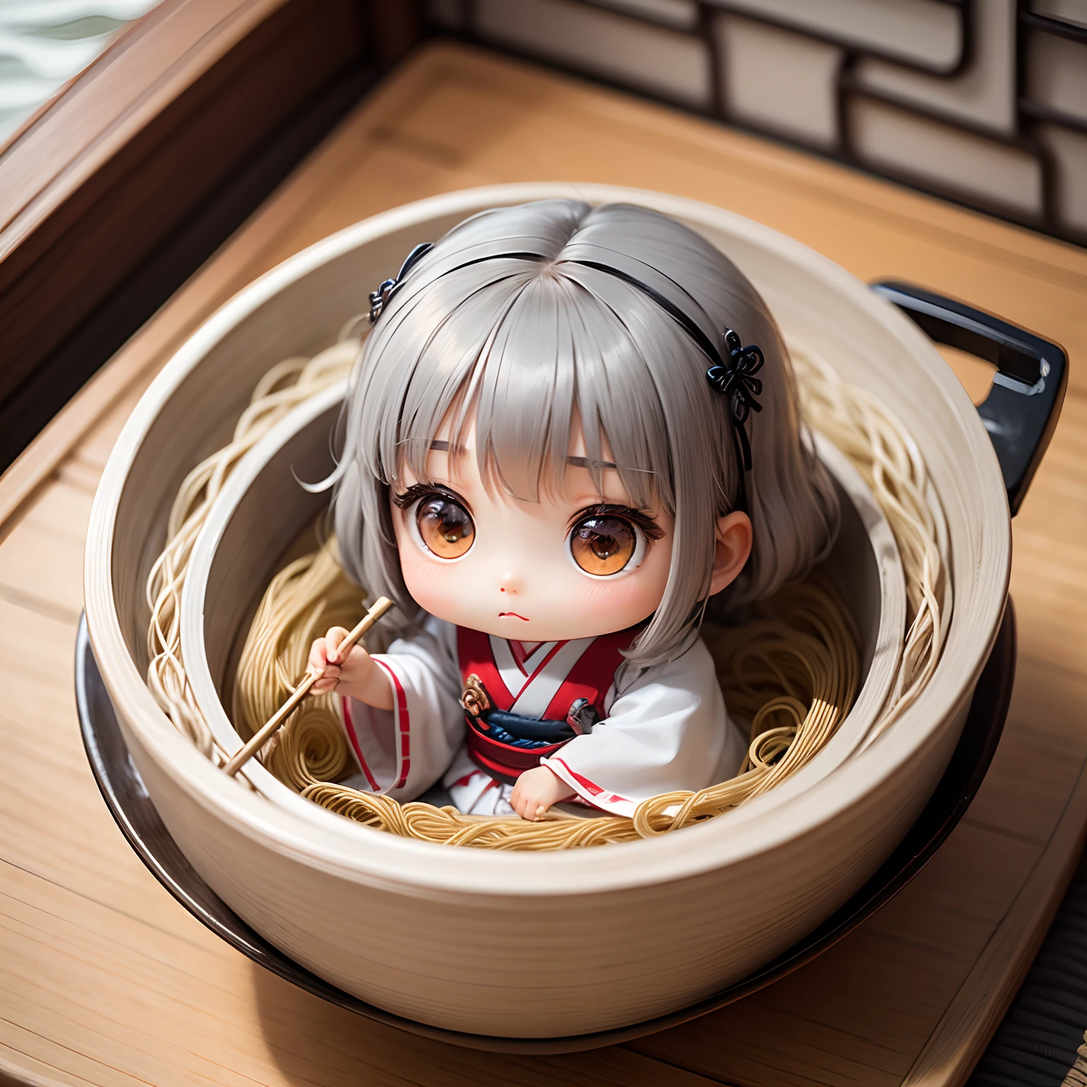 masterpiece、top-quality、ultra-detailliert、(Chibi Chara's Daughter:1.2)、独奏、//((Gray thin noodles:1.2)Board a Japanese boat))、Hold this vessel、Holding chopsticks in hand、//sitting in the chair