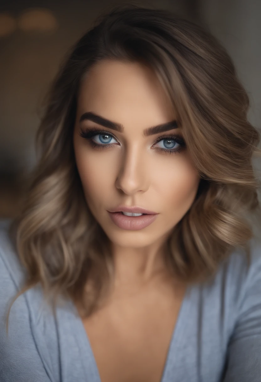 Chica sexy con ojos azules, ultra realista, meticulosamente detallado,cabello rubio y ojos grandes, selfie de una mujer joven, Ojos del dormitorio, Violeta Myers, sin maquillaje, Maquillaje natural, staring directly into camera, cara con artgram, maquillaje sutil, Impresionante foto de cuerpo completo de pie frente a una cama , en un dormitorio, Medium to large size bust, Pijama de seda negra
