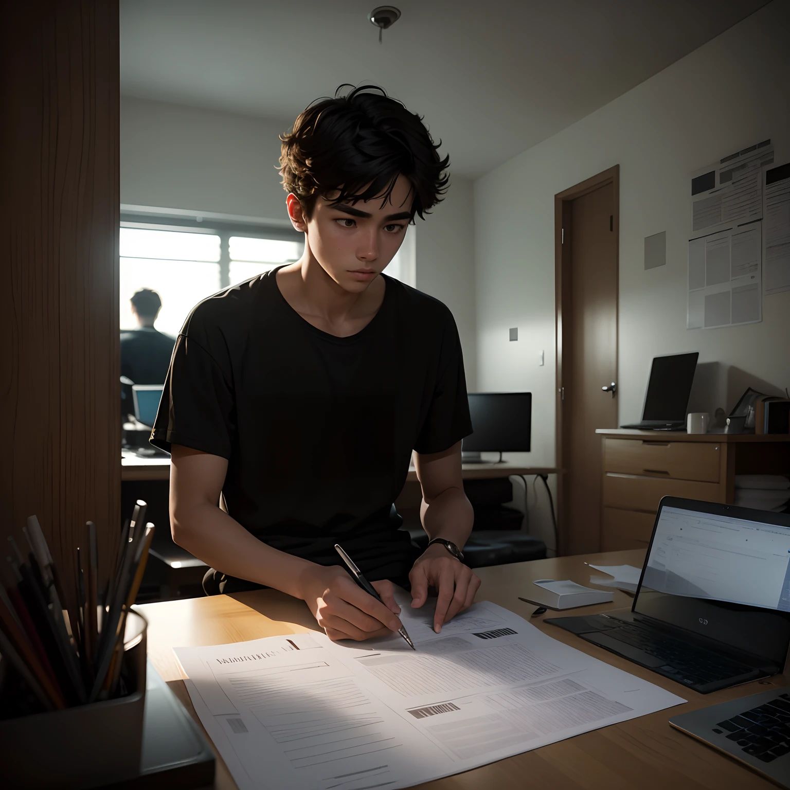 21 year young boy , struggling with life , sitting in his room at night , architecture student , architectural sheets and laptop is in the room , dark theme