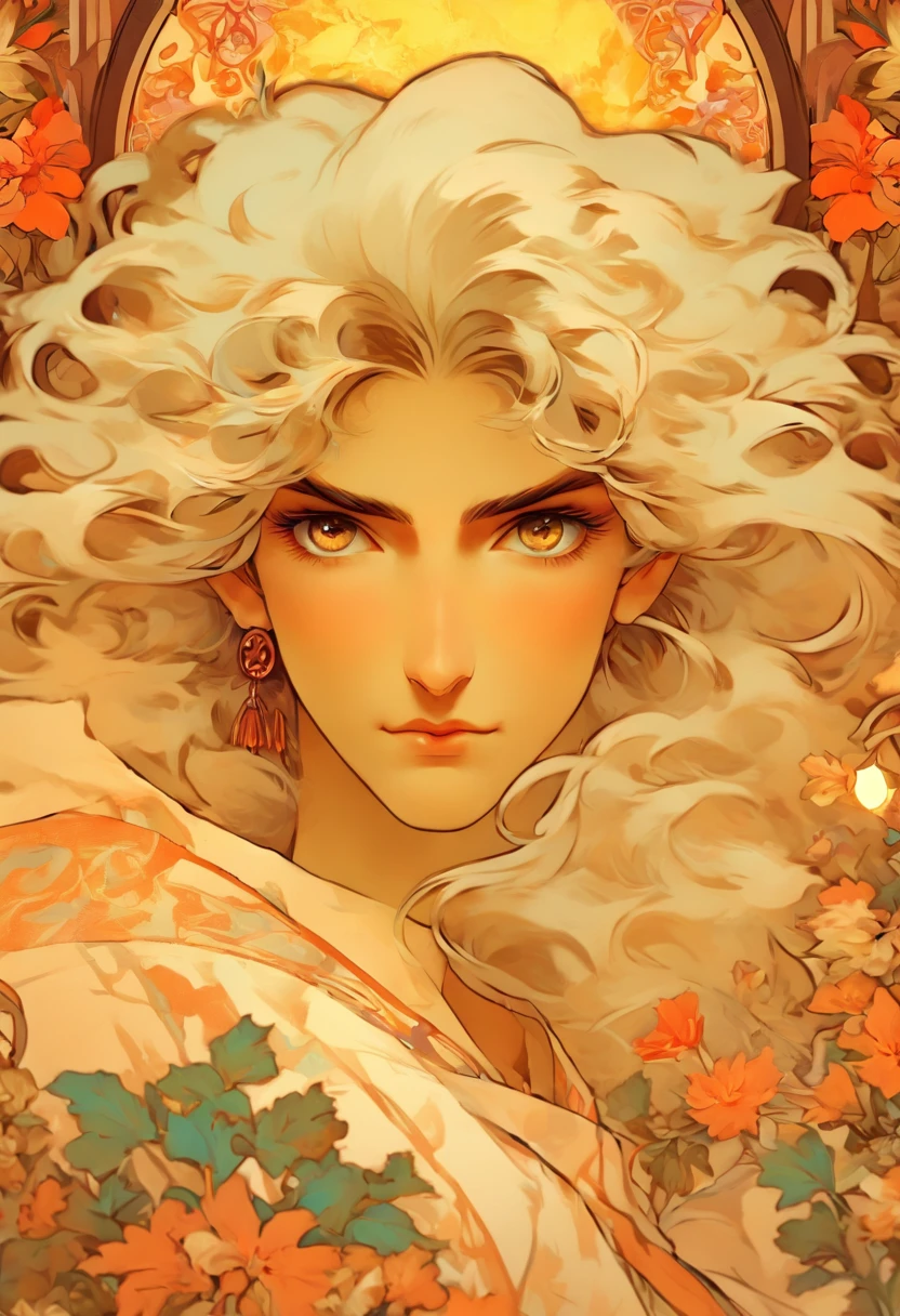 Slavic god, long white hair, floral frame, decorative panels, artistic abstract, Director: Alphonse Mucha, (master piece, best quality, Highs:1.4), detailed, intricate details, 4k, Color splash, line art, Fibonacci, In the style of Alfons Mucha