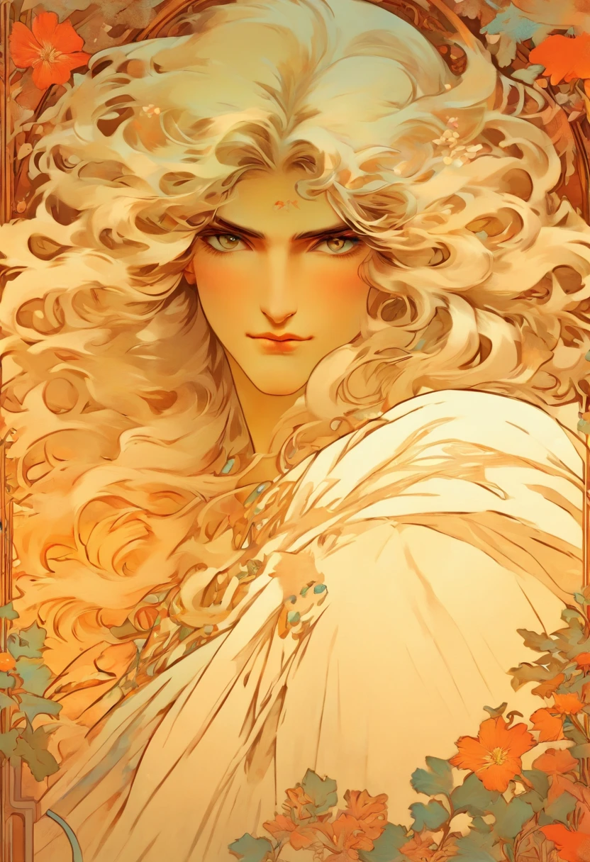 Slavic god, long white hair, floral frame, decorative panels, artistic abstract, Director: Alphonse Mucha, (master piece, best quality, Highs:1.4), detailed, intricate details, 4k, Color splash, line art, Fibonacci, In the style of Alfons Mucha