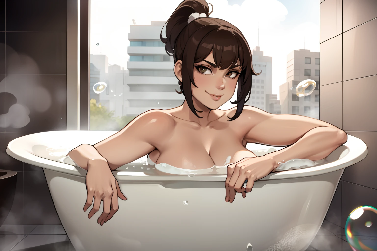 one female with short ponytail brown haircut, alone, solo, (ALONE)(SOLO), showing cleavage, facing forward, looking at me, looking forward, smirk, showing full legs, looking casual, laying in bubblebath, covered in thick bubbles, in bath, , naked, naked covered in bubbles