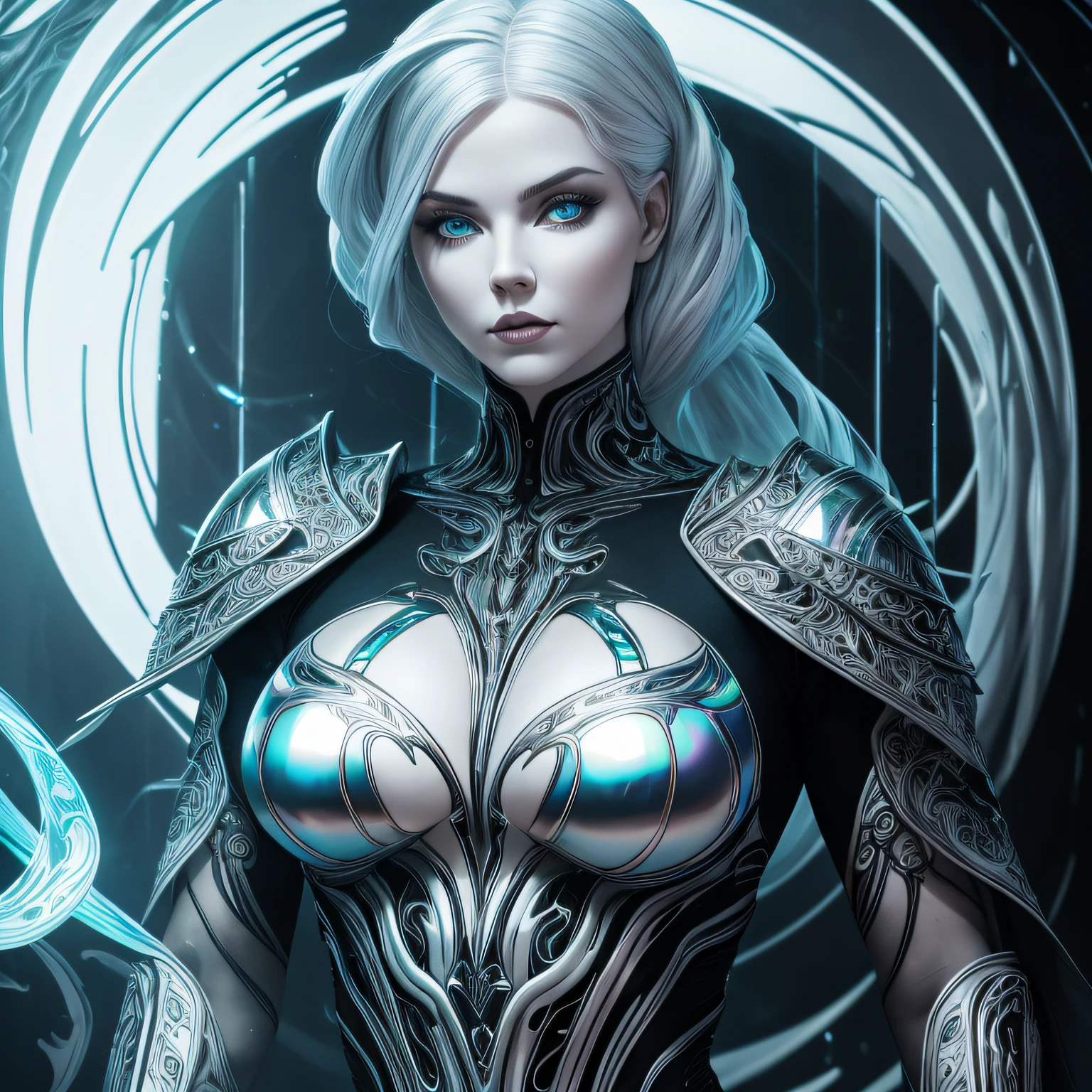 Strong contrast__hr_giger_art___flowing_contours__biomechaical__airbrush___strange__eerie__fashion_magazine_cover__art_deco_border___porcelain_and_platinum / A futuristic looking woman with porcelain skin / eleboratem intricate colourful iridescent chrome armour